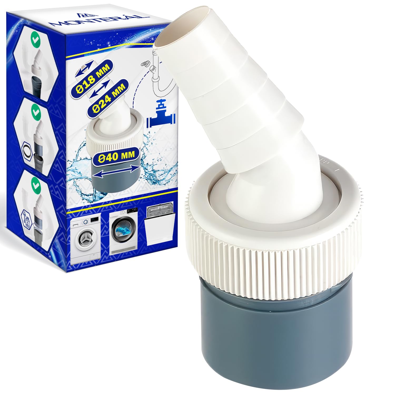 Waste Pipe Connector for Washing Machine and Dishwasher with Inlet Ø 18-24 mm and Outlet for Pipe DN40 Drain Hose Splitter Connector Warranty 10 Years - MONTERAL