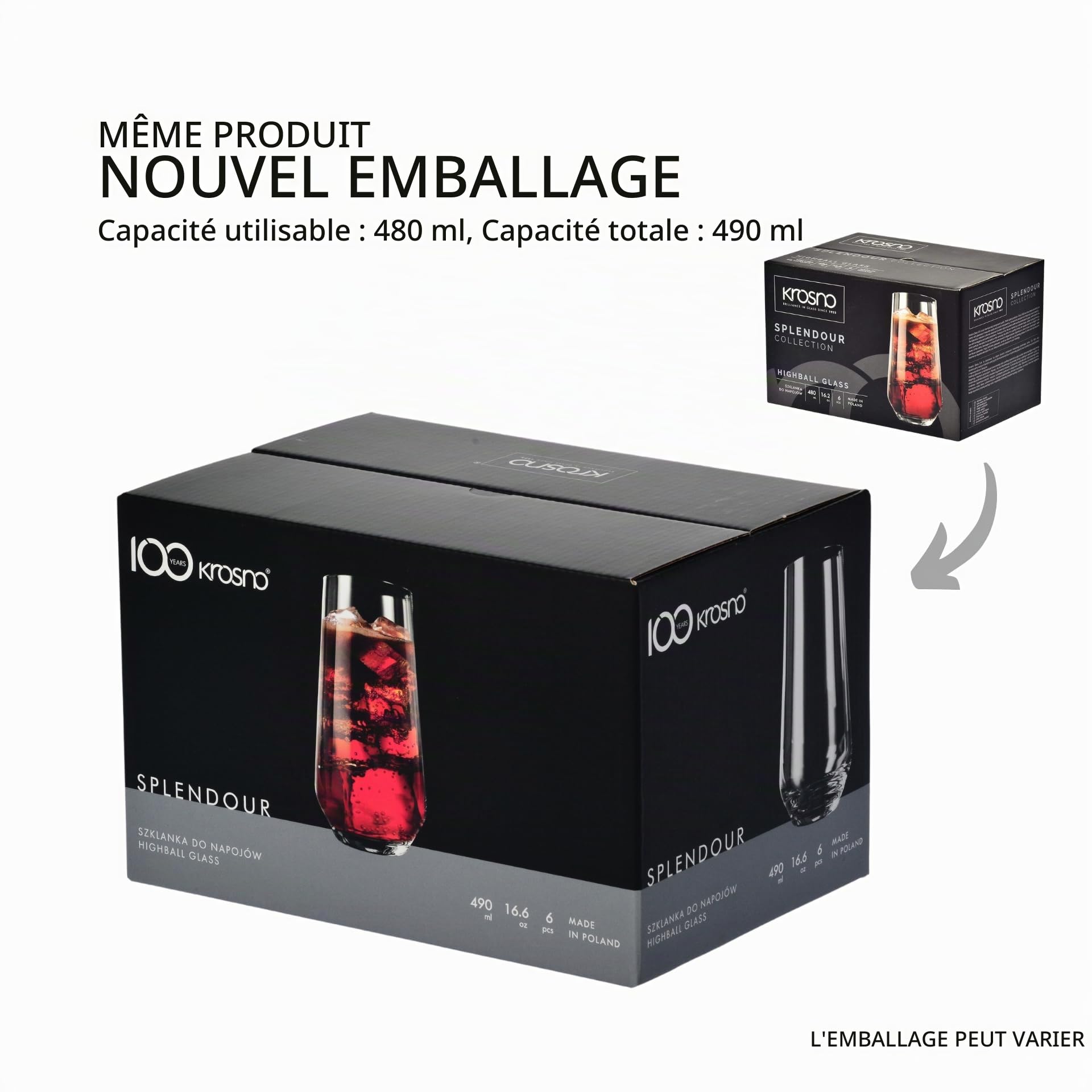 Krosno Verres à Eau, Long Drink Lot de 12, 490 ml, Collection Splendour | Grand haut verres à cocktail, mojito, smoothie, milkshake, Verrerie élégants, Cristal sans plomb, Compatibles lave-vaisselle