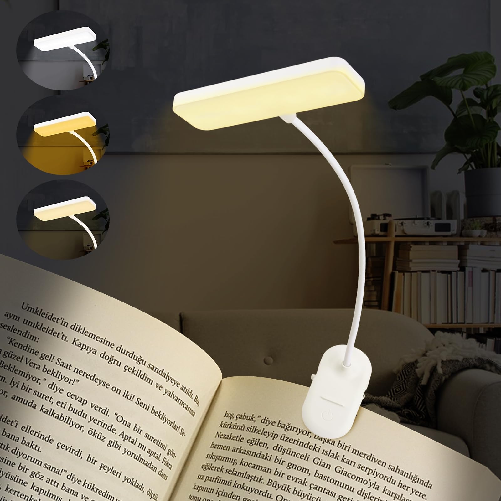 KEWUZY 20 LED Luz de Lectura,3 Colores Atenuación Continua Lámpara de Lectura,360° Flexible de USB Recargable con Clip Luz Lectura,para Lectores Noche Estudio, Cama, Libro, Viaje
