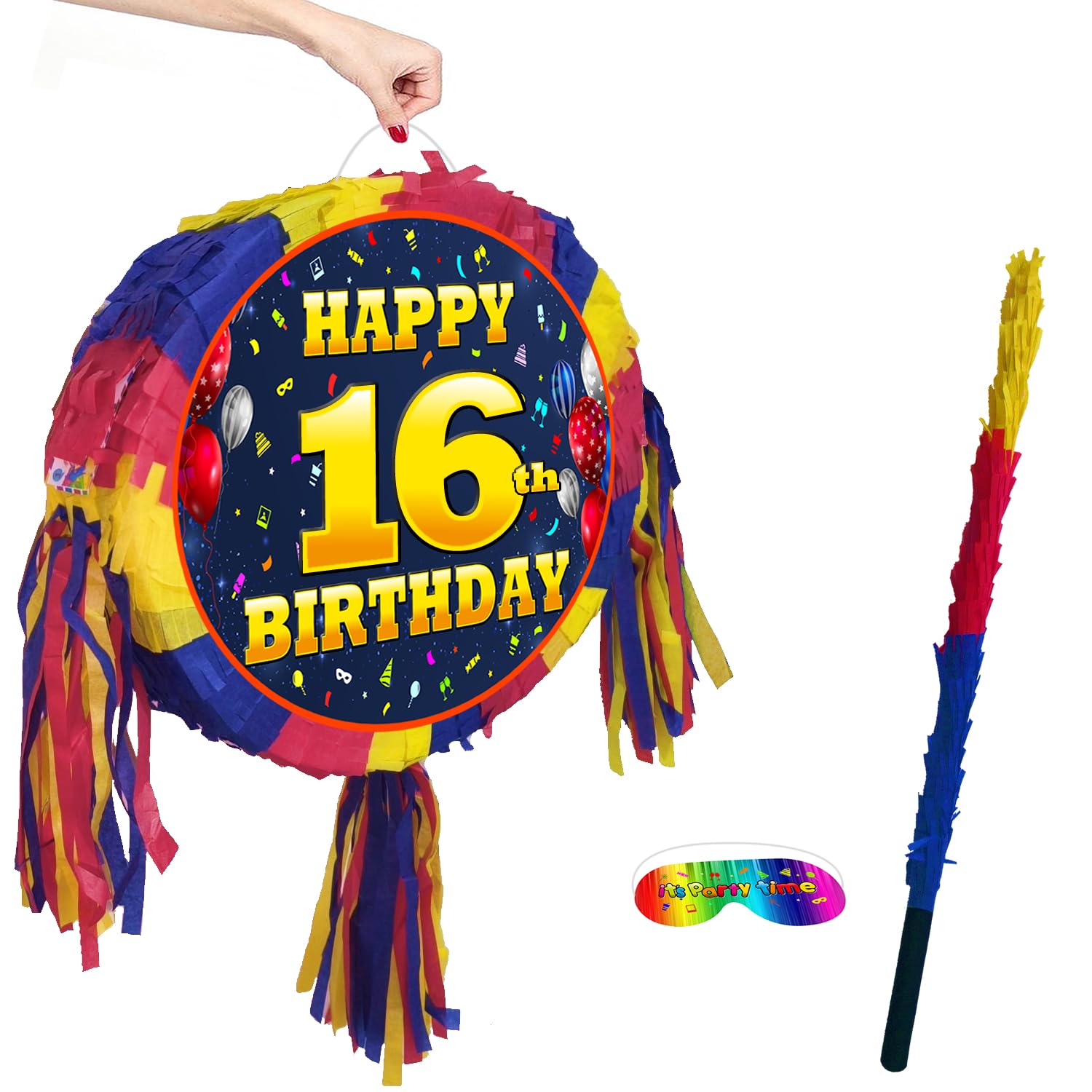 16th birthday pinata with stick - Sixteen party game - Big 18 inch, Red, Blue, Yellow