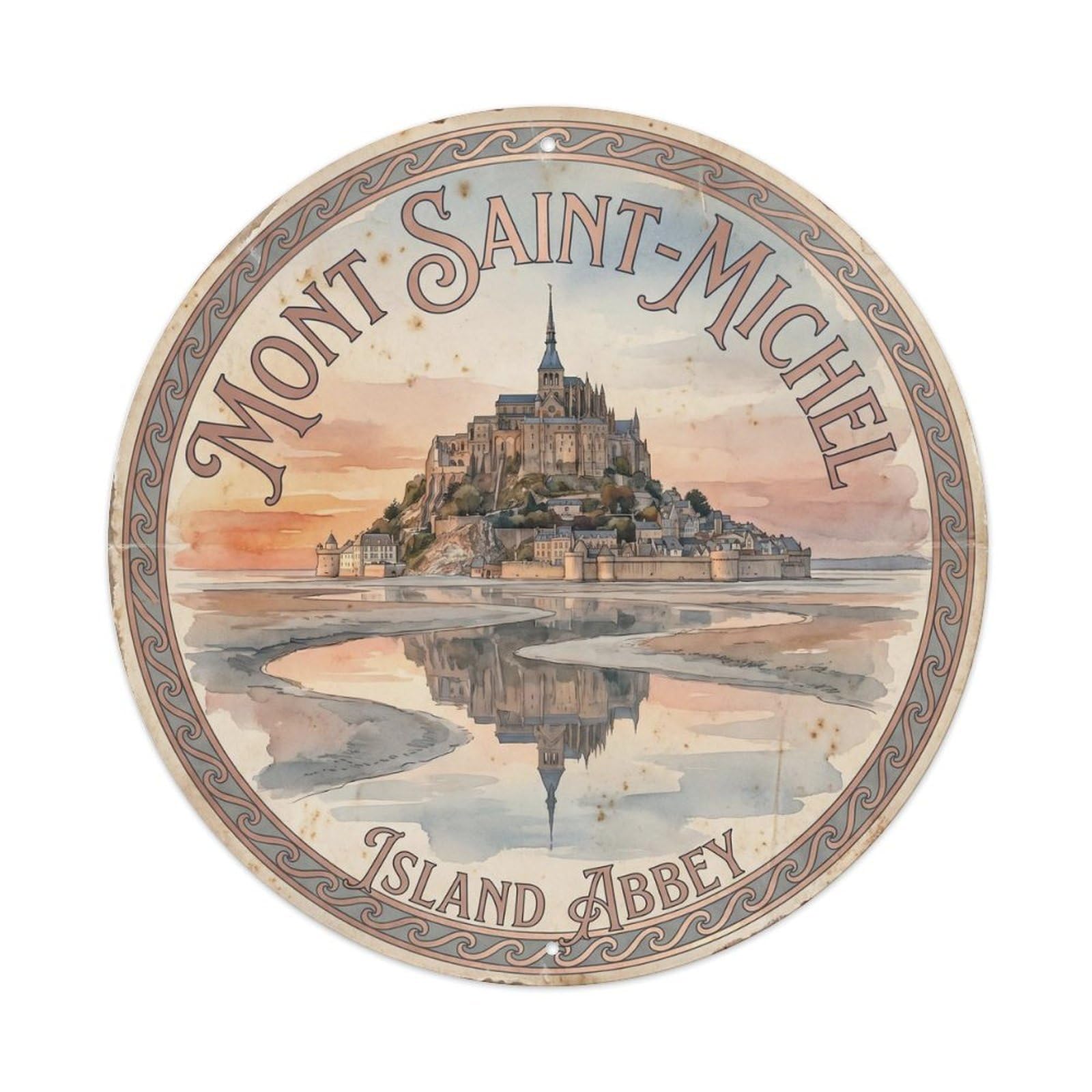 Vintage Travel Mont France Monastery Metal Tin Sign Plaque Wall Decor for Cafe, Club Bar, Office, Home Garden Round Metal Poster 8x8Inch