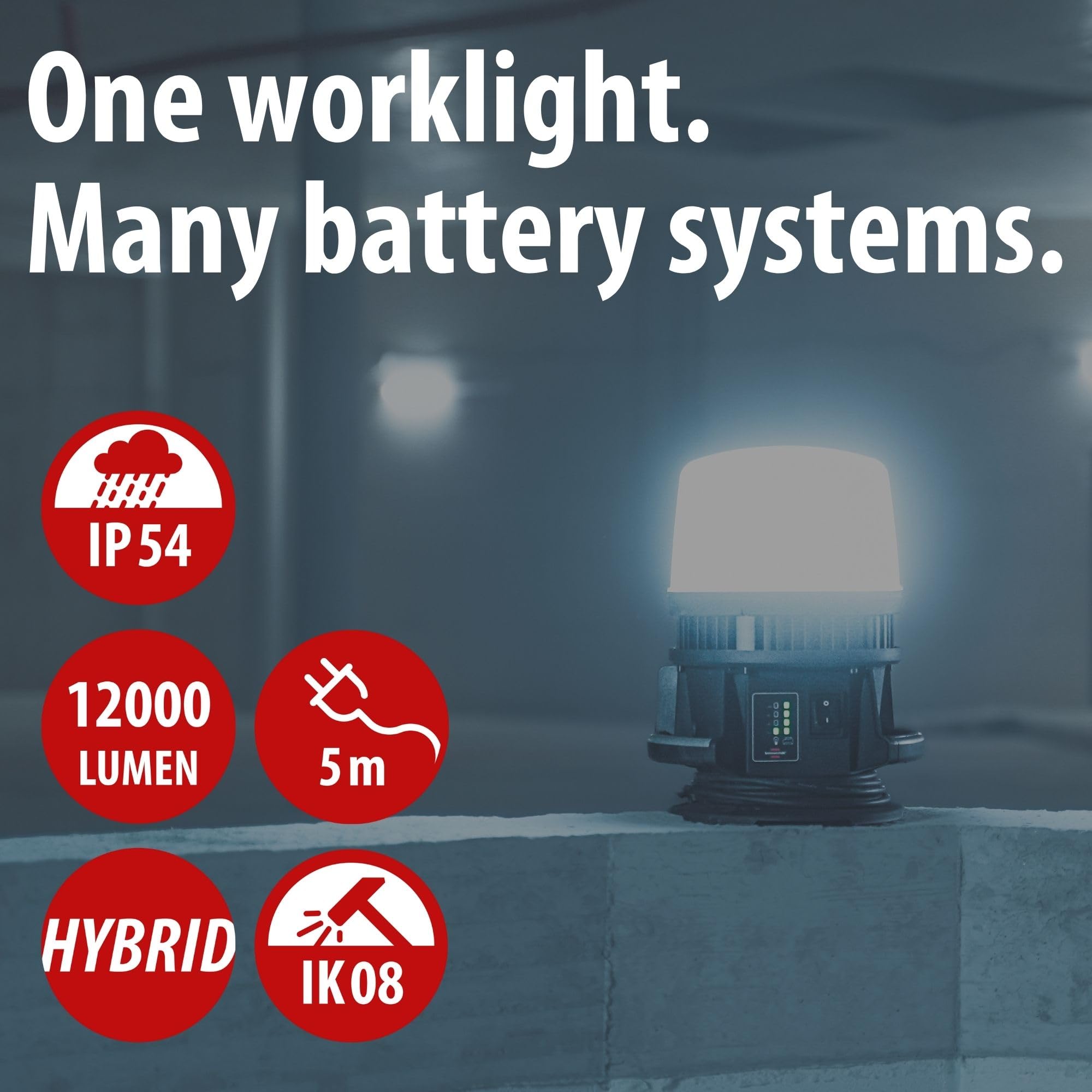 Brennenstuhl Professional Multi Battery LED 360° Hybrid foco de trabajo LED 12050 MH (12000lm, IP54, compatible con baterías de 18V de 10 fabricantes, 5m, sin batería)