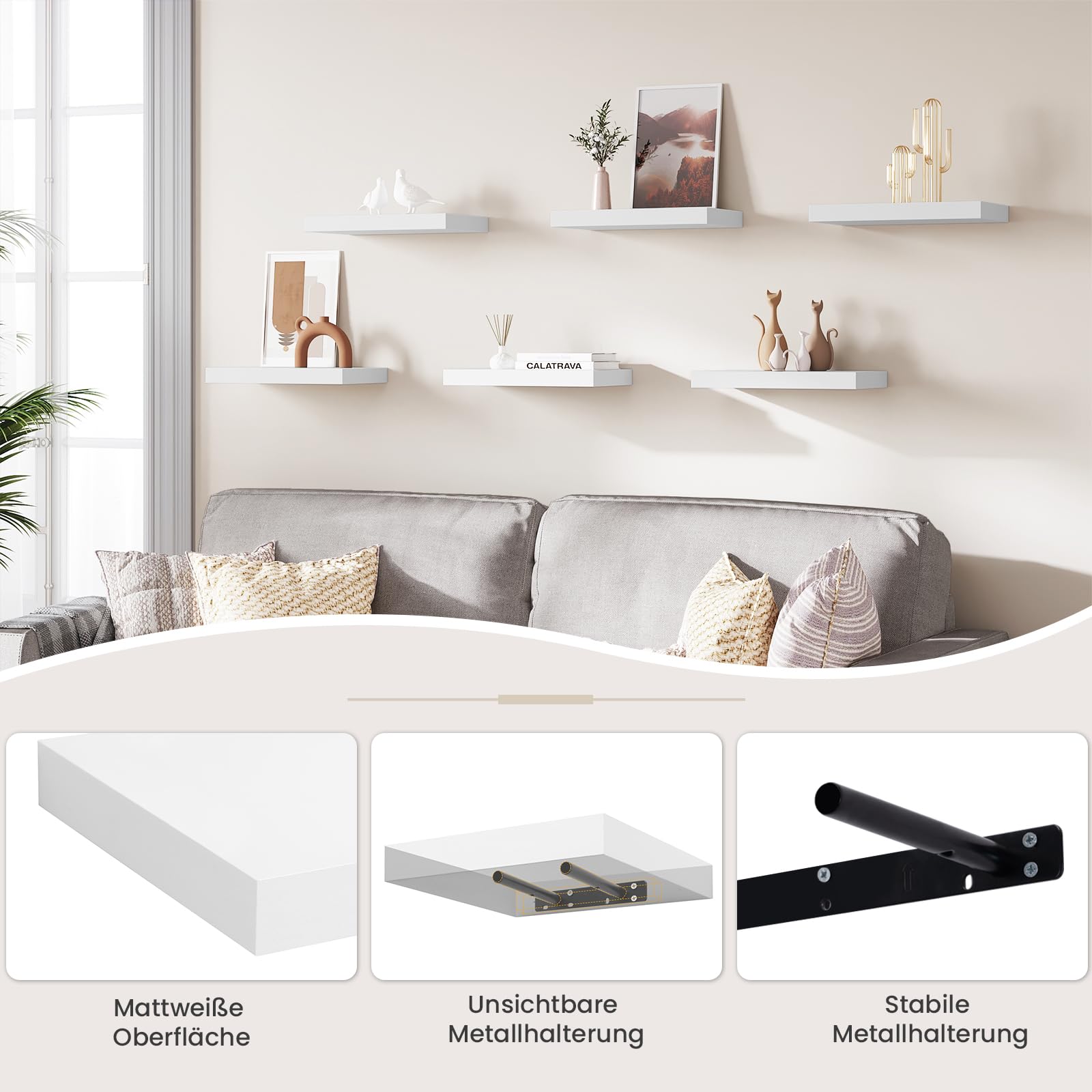 WOLTU Set di 6 Mensole da Parete Galleriedisplay Bianco Opaco, Mensola Sospesa, Decorazione da Parete per Soggiorno, Camera da Letto, Camera dei Bambini, in MDF