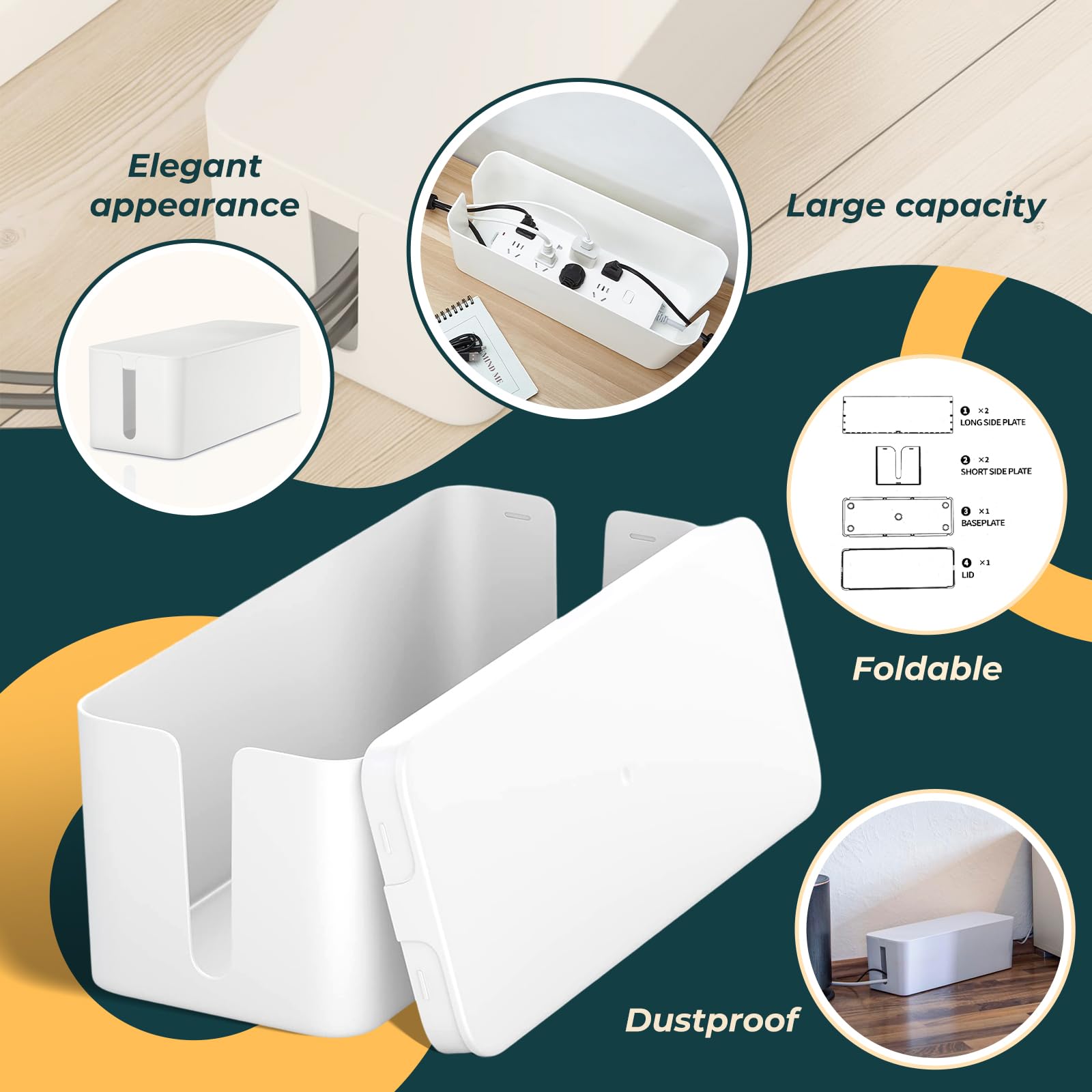 Plegable Caja Organizadora Cables, Caja Cables Organizador de Plástico para Ocultar Enchufes Eléctricos, Antideslizante, Apto para Oficina y Hogares, Blanco (40 x 14,5 x 12,7 cm) - 4