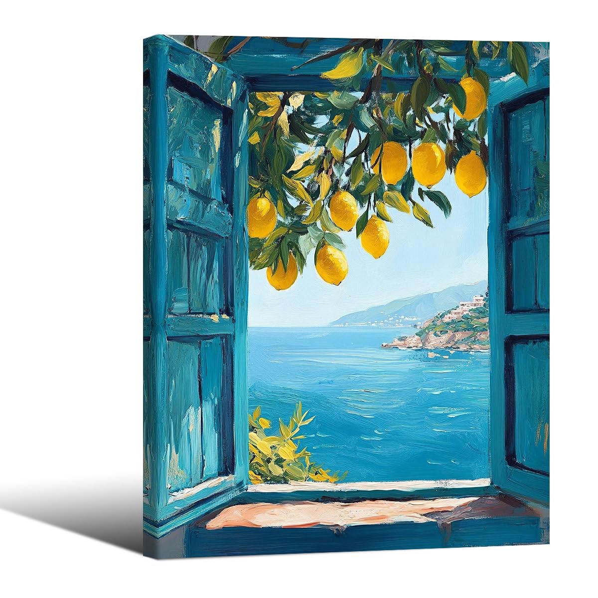 LMYSXAOZ Framed Canvas Wall Art Posters Mediterranean Window View Coastal Lemon Tree Prints Blue Seascape Modern Nature Landscape Pictures for Bedroom Living Room Office Decor 12x16 In