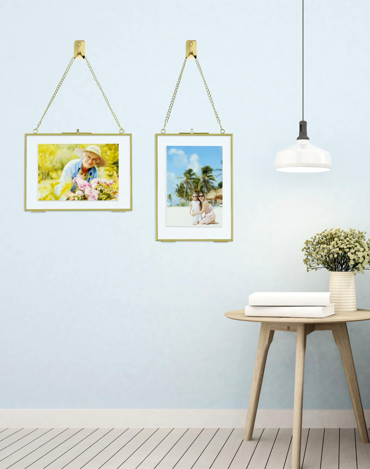 QWORK® 2 sztuki złote ramki na zdjęcia z metalowym łańcuszkiem do zawieszenia, klips do próbek roślin, do zdjęć, próbek roślin, certyfikatów, 13x18cm