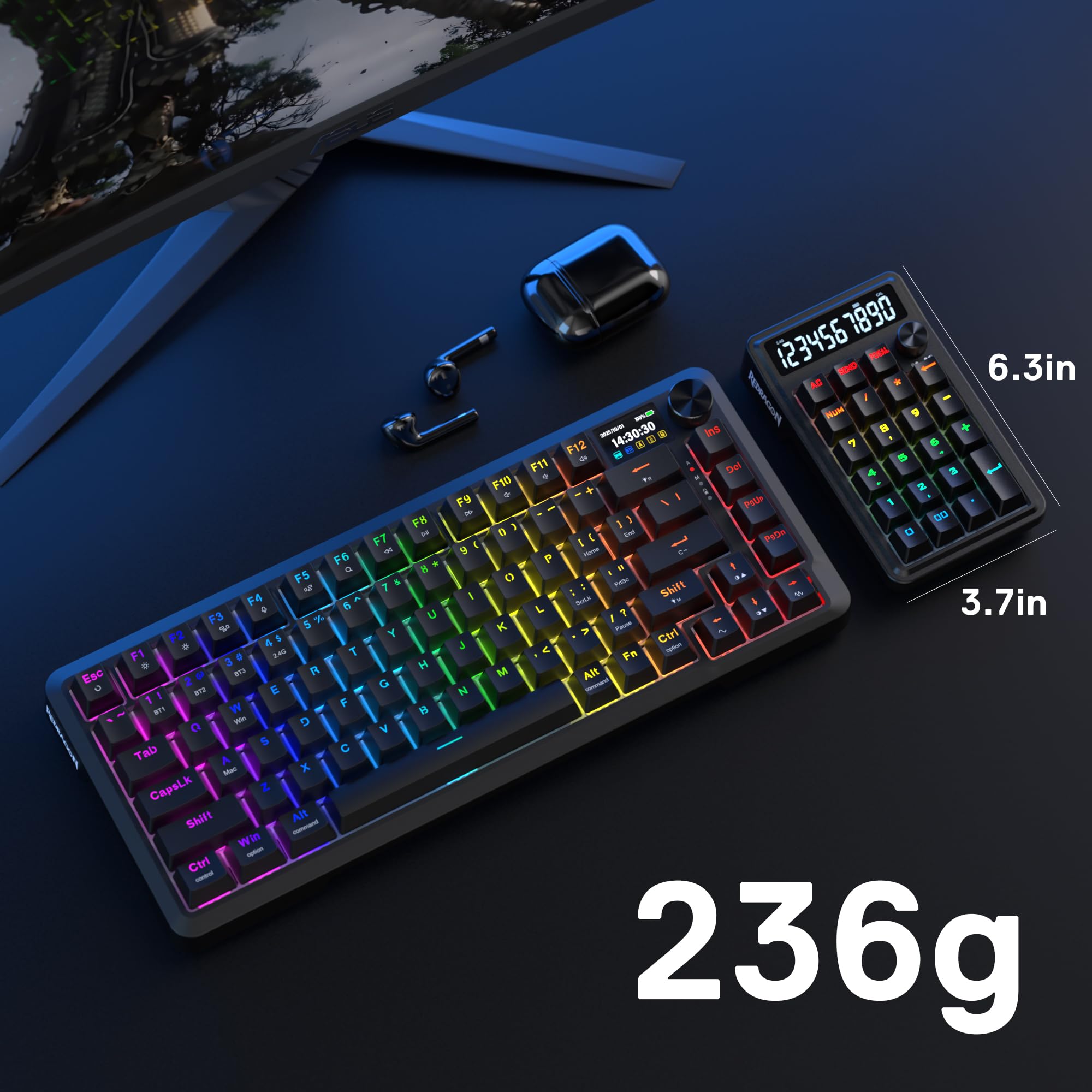 Redragon K733 PRO - Cuscinetto numerico RGB con guarnizione wireless, tastierino numerico meccanico a 22 tasti w/PC e modalità di calcolo, display calcolatrice a 10 cifre, controllo manopola