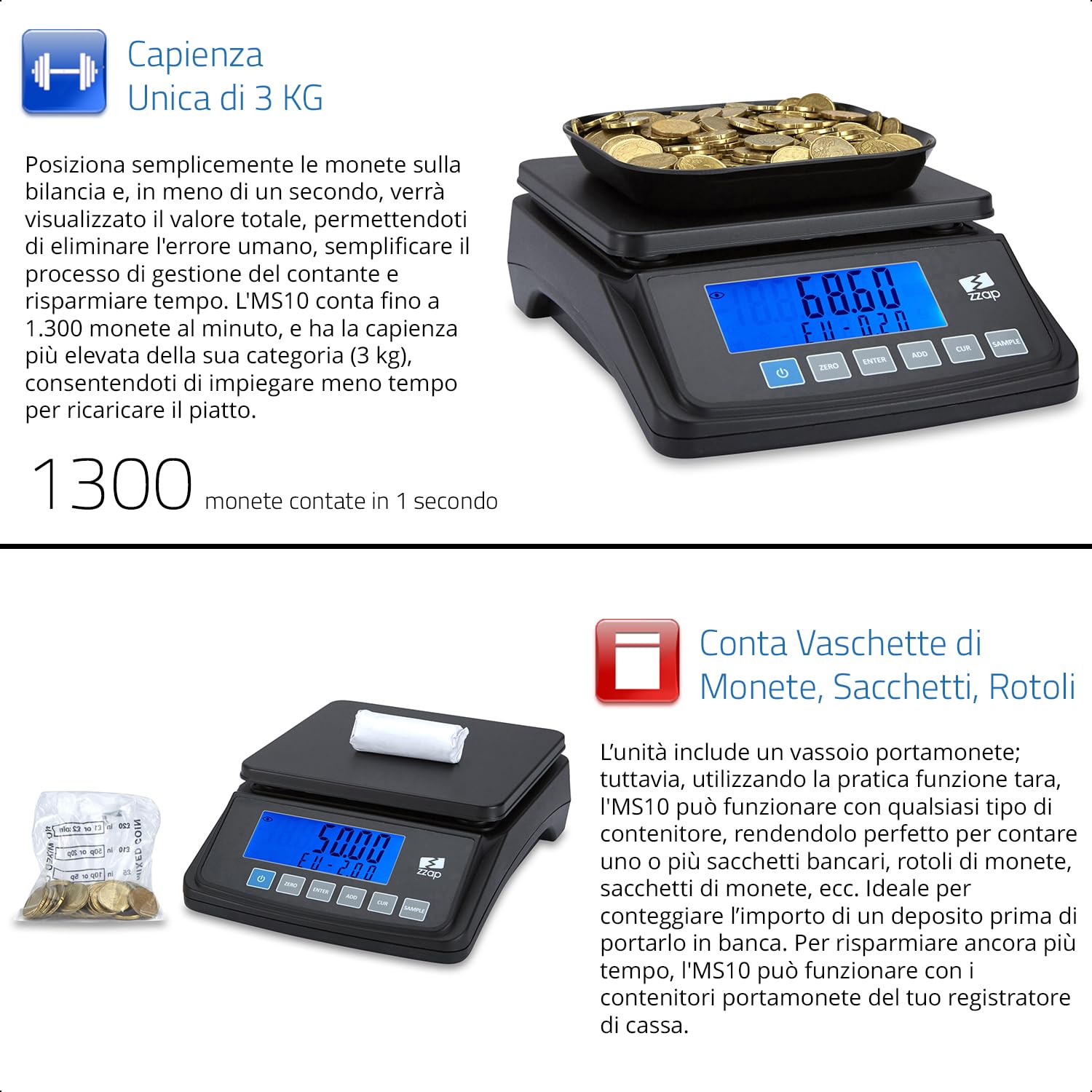 ZZap MS10 Bilancia contamonete - Conta 5 valute e altri articoli, conta 3 kg di monete, display retroilluminato, alimentato a batteria e molto altro!