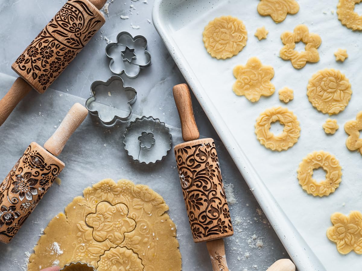 Mattarello Decorativo per Biscotti FIORE - Set di 3 Mattarelli Piccoli | Mattarello Inciso | Rullo per Biscotti e per Modellare per fai da te | Mattarello Legno Goffrato di Algis Crafts