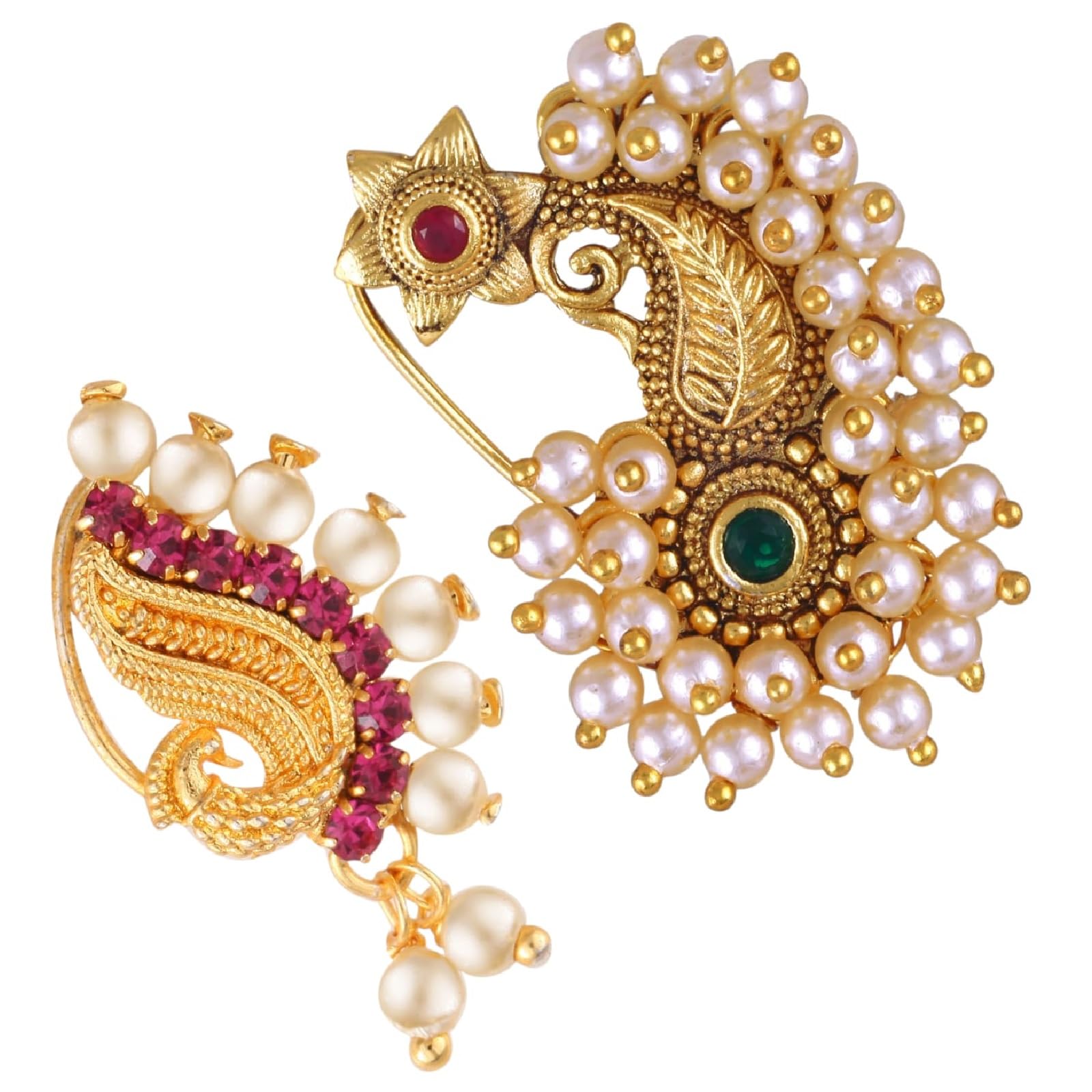 Vivastri Maharashtrian Gold Plated Alloy Pearl CZ Beads Nath,Nose Ring,Nose Pin Combo for Women & Girls Pack of 2 - VIVA1080RED-1287-NTH-PRESS-MULTI