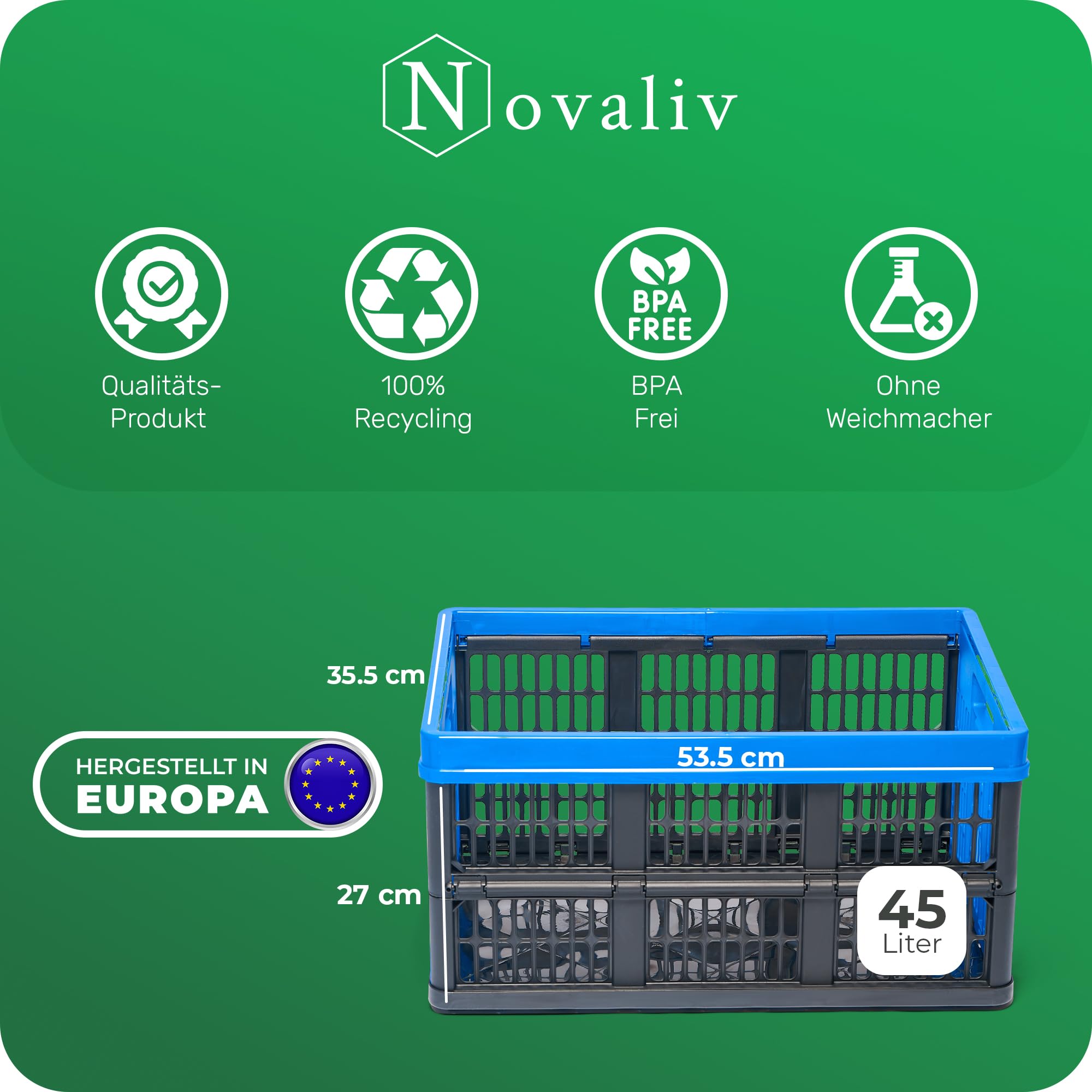 Novaliv Klappbox 45l Blau 10er Set - Faltbare Korbbox mit praktischen Tragegriffen - Vielseitige Aufbewahrungsbox