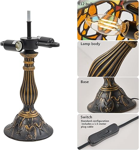 Miniatura 3 de Lámpara de mesa estilo Tiffany, lámpara de cristal de 12 pulgadas, lámpara de mesa antigua, lámpara de noche, para mesita de noche, dormitorio, sala