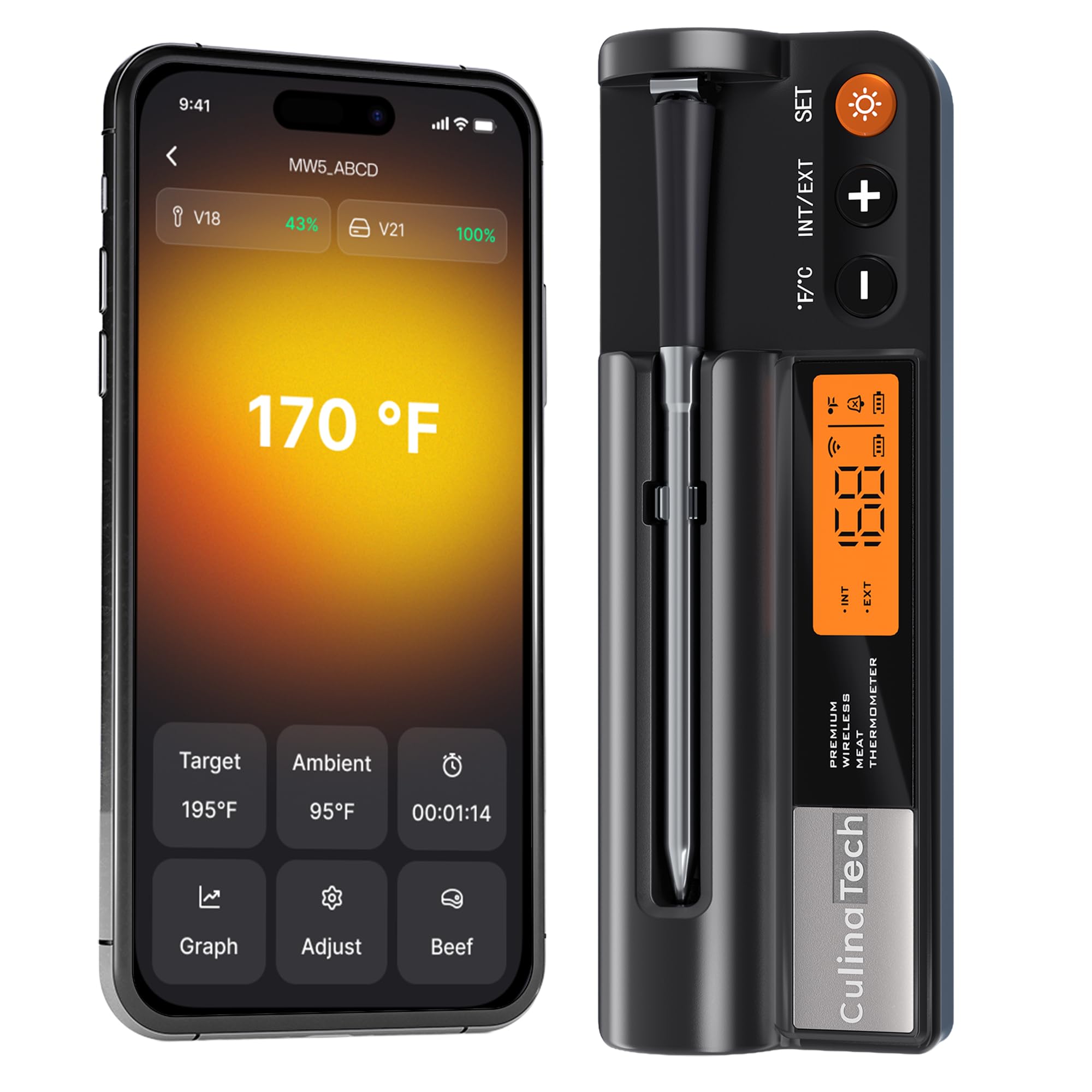 CulinaTech Smart Wireless Meat Thermometer with Ultra-Thin Probe, Waterproof, Dual Sensor, Bluetooth Meat Thermometer with LCD Base Station Display & Smart APP for BBQ Grill Oven Smoker Air Fryer