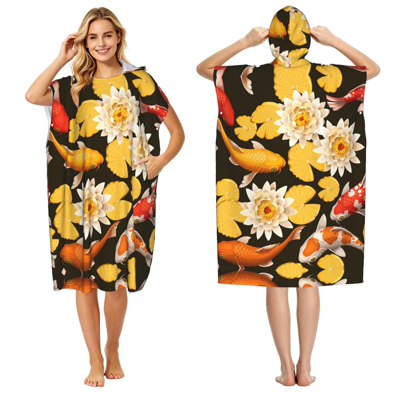 Peignoir à capuche imprimé carpe lotus séchage rapide - Serviette poncho piscine adulte