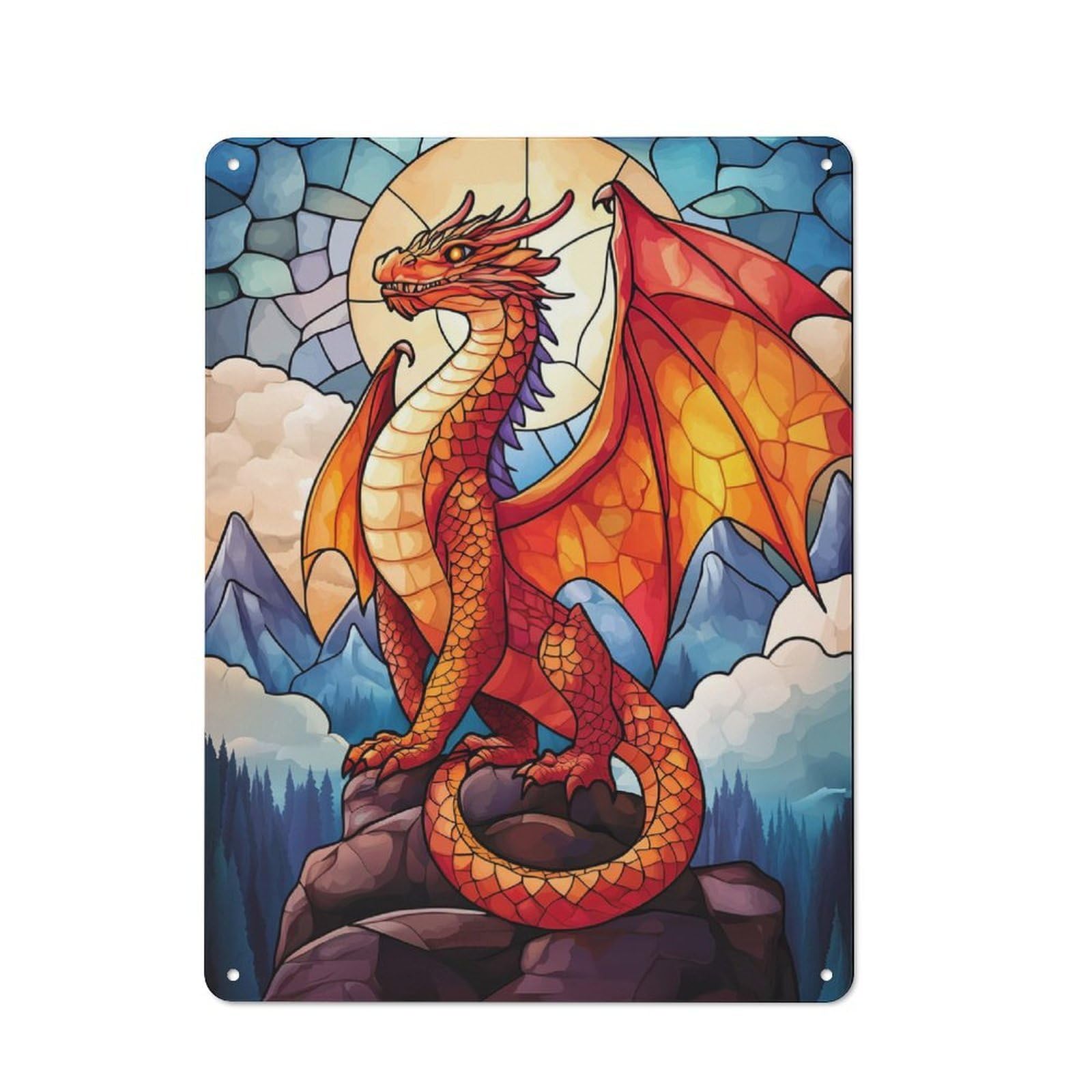 Junmoney Stained Glass Dragon-1 Metal Plaque 40X30cm With Stained Glass Dragon For Home Bar Wall, Retro Decor, For Garage, Workshop And Man Cave Decoration