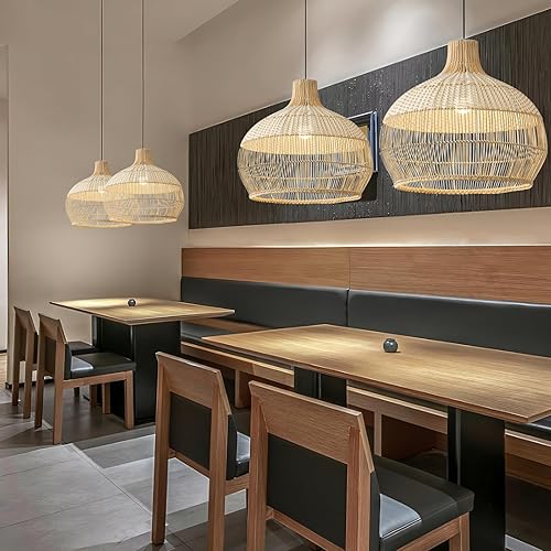 Miniatura 7 de Teru Ji Kaikang Lámpara colgante de ratán con cable de bambú regulable ajustable (ratán bambú+blanco, 15.74 pulgadas)