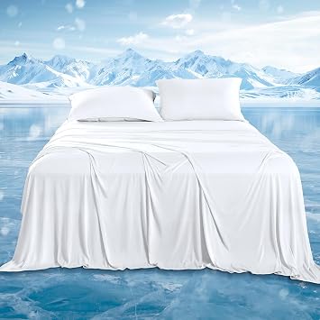 DOWNCOOL 4-Piece Cooling Sheet Set Full Size, Cooling Bed Sheets for Hot Sleepers and Night Sweats, Q-Max>0.4, Soft & Breathable Summer Bedding Sheets, Deep Pocket Up to 15", White