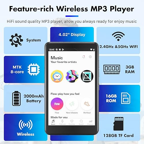 Miniatura 6 de Reproductor MP3 inteligente con Android 13 y pantalla táctil de 4 pulgadas, almacenamiento de 144 GB (1 TB expandible), Bluetooth 5.3, WiFi para