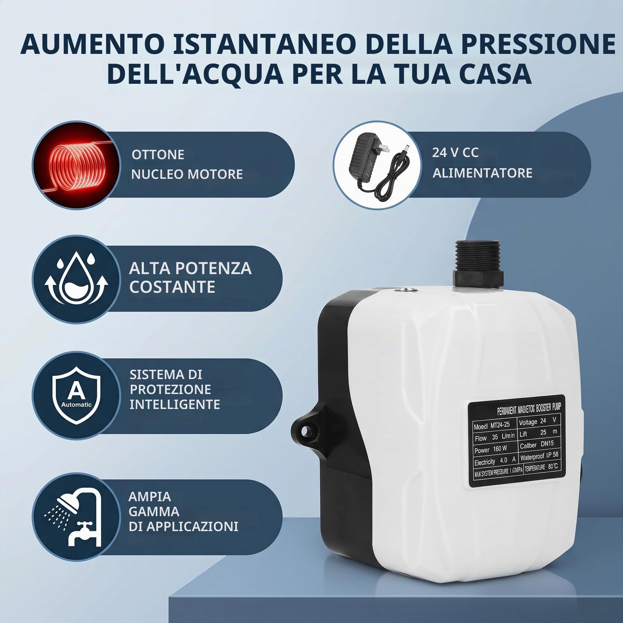 Pompa Automatica per Cucina e Doccia in Ottone ABS Silenzioso Pressione Acqua Alto Sollevamento 180W DC 24V AC 100-240V