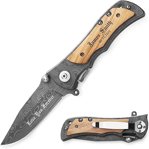 Miniatura 2 de Cuchillo plegable grabado personalizado para novio marido papá hijo cuchillos de caza personalizados para hombres camping pesca caza con clip de