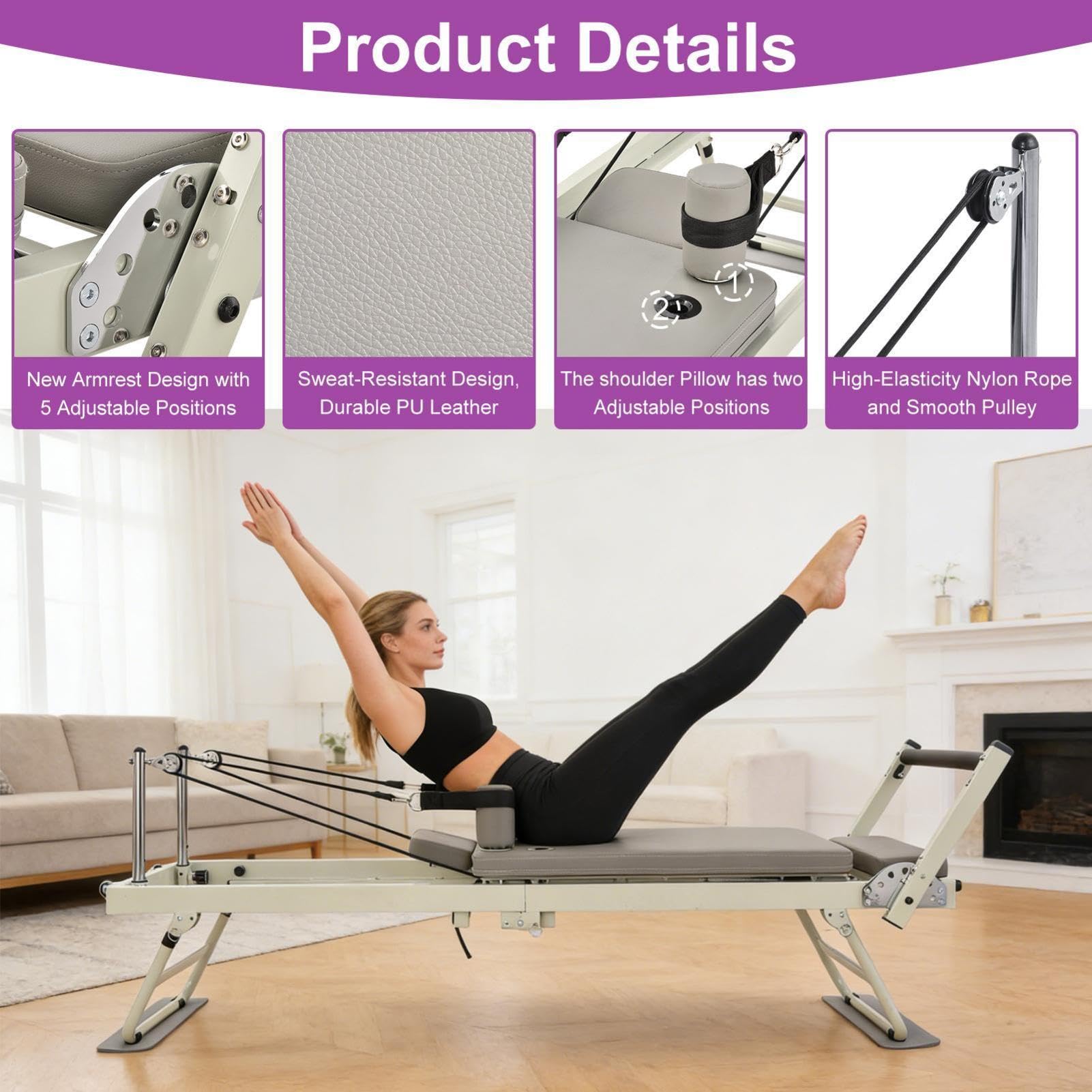 Macchina Pilates Reformer | Peso massimo 136 kg | Portatile Per Allenamento Core, Pilates Reformer Pieghevole Con Di Resistenza | Allenamento In Palestra, Appartamento E Casa