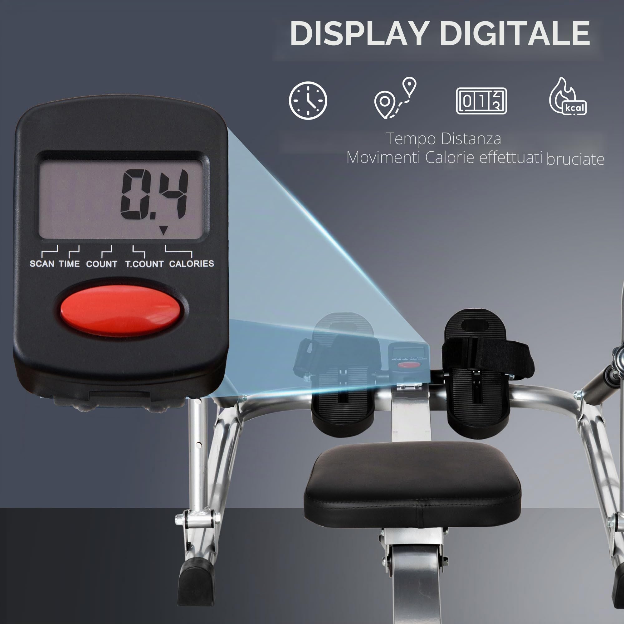 HOMCOM Vogatore pieghevole 3 livelli di resistenza Schermo Nero Grigio | Collaborazione Aosom.fr x FFHandball, LCD multifunzione, acciaio ABS