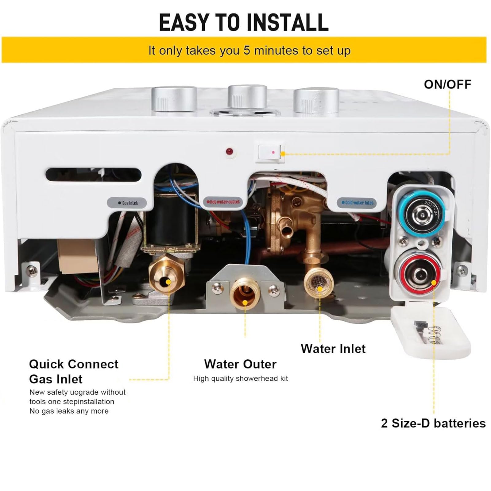 Scaldabagno a Gas 16L, All'aperto Portatile Scaldabagno Istantaneo a Propano Con Display Digitale Multi-Protezione Parete senza Serbatoio Scaldacqua Istantaneo Automatico(Bianco)
