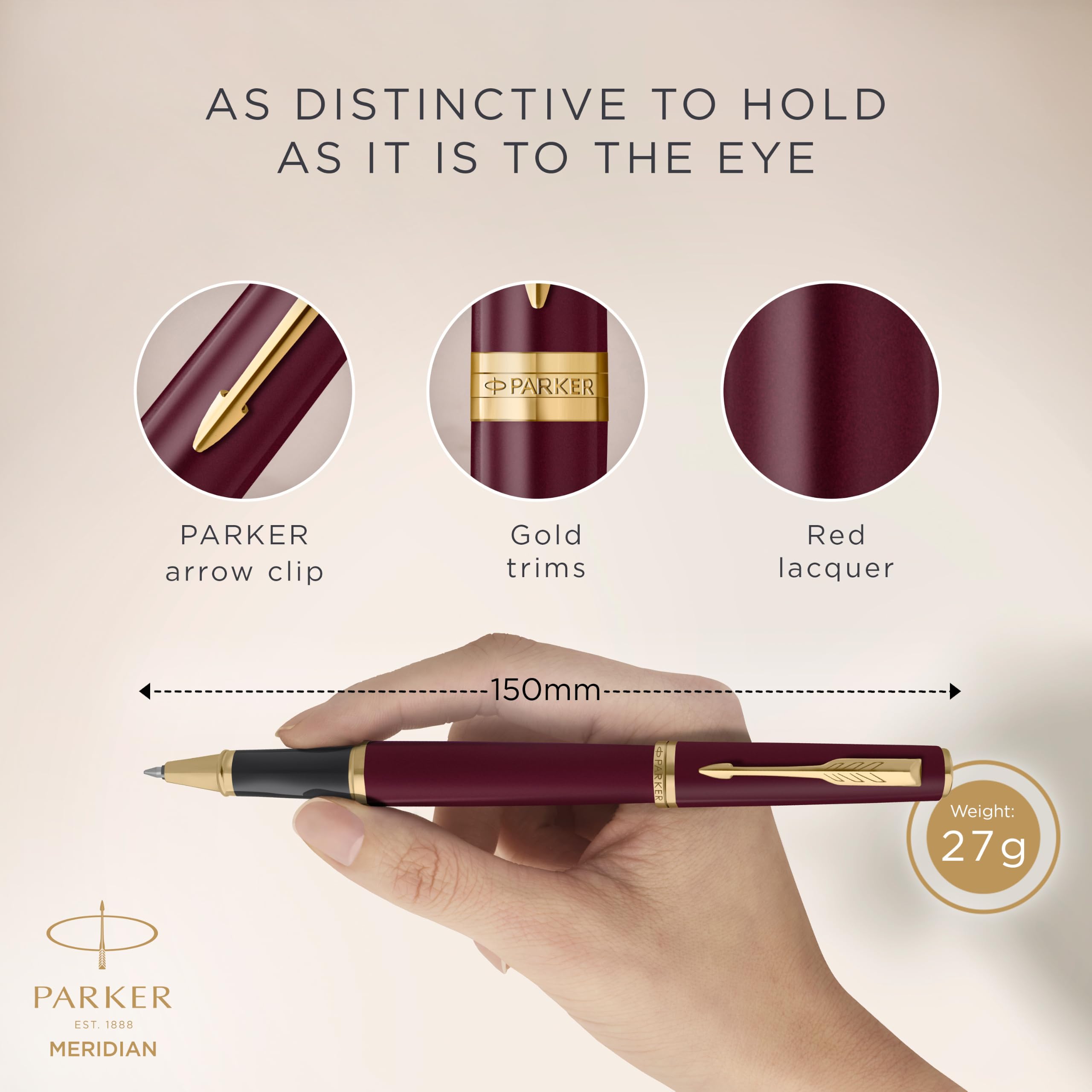 Parker Meridian Penna roller | Lacca rossa con rifiniture dorate | Punta fine | Penna da scrittura e Materiali per Cancelleria | Inchiostro Nero | Confezione regalo di lusso