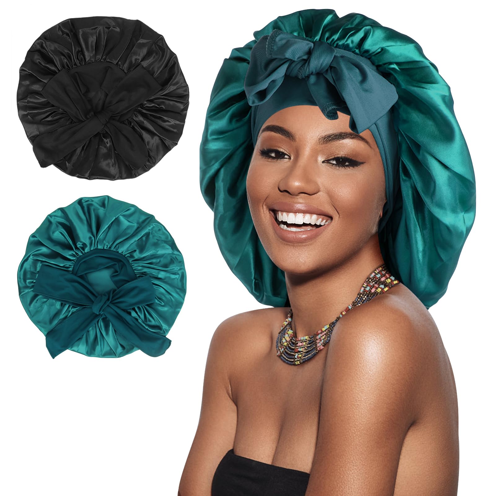 Arqumi 2 Pcs Satin Silk Bonnet for Sleeping Women, Large Long Strap Tie Band Adjustable Sleep Night Cap Hair Bonnet Wrap for Men, Black+Dark Green