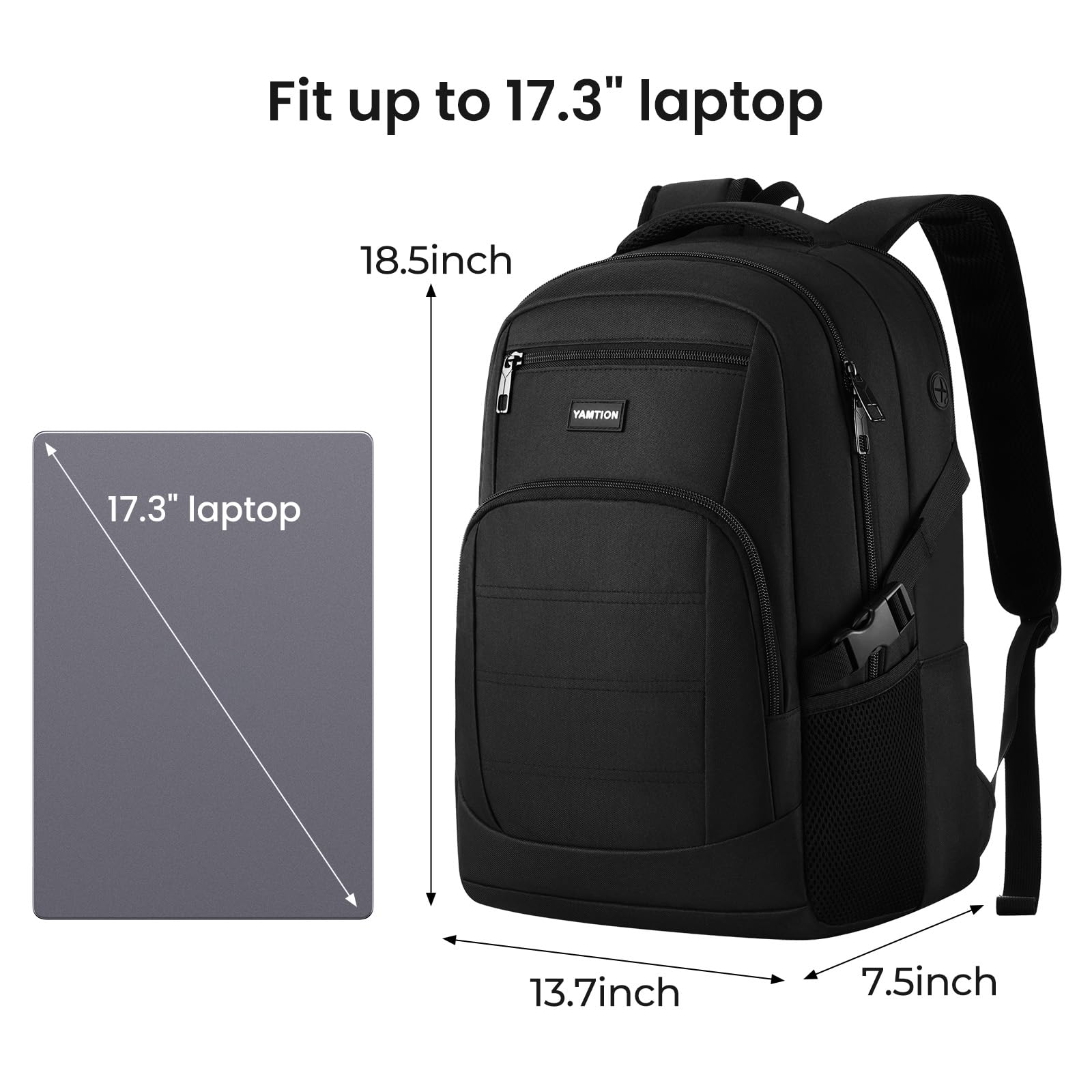 YAMTION Zaino nero per uomini e donne, zaino per computer portatile con porta di ricarica USB, zaino per la scuola per ragazzi e ragazze, zaino leggero per libri da lavoro, adatto per notebook da 17,3