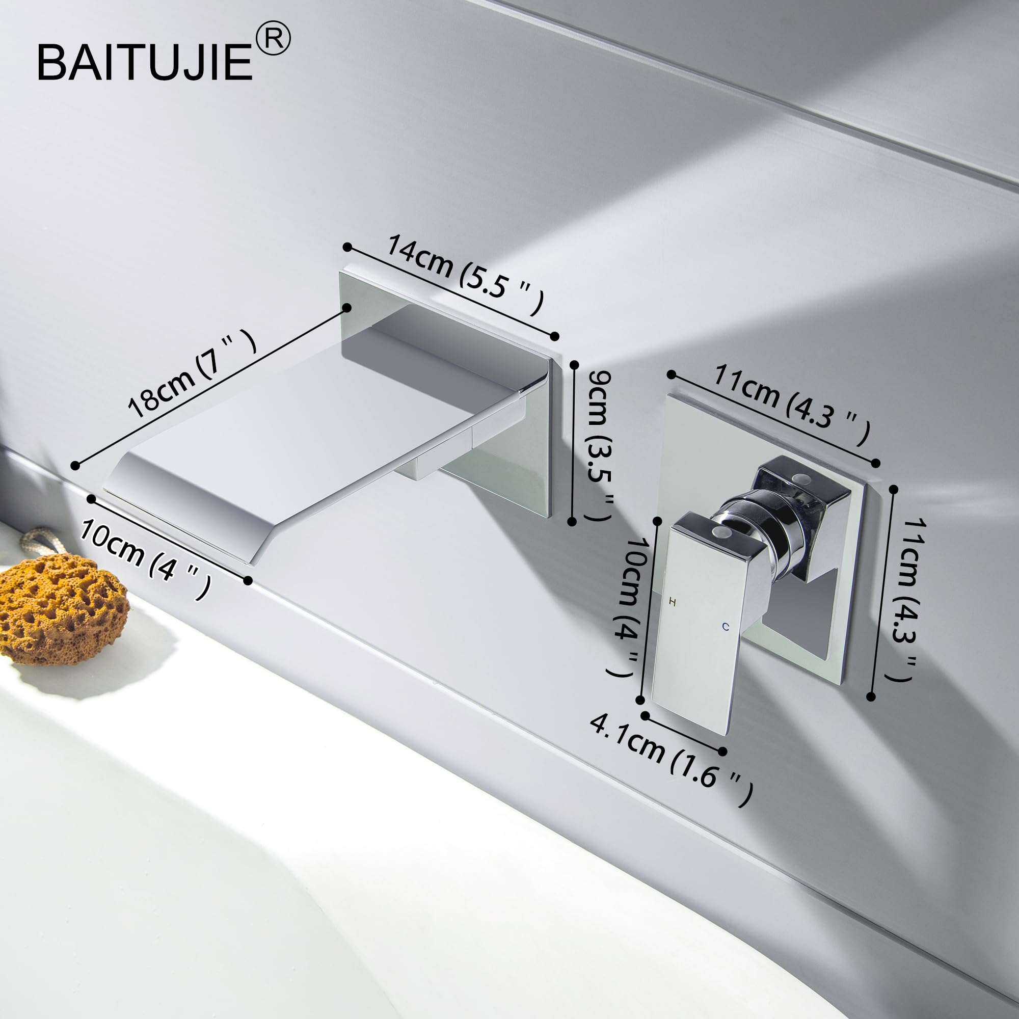 Grifo Lavabo Cascada Pared Grifo Baño Moderno Mezclador Bañera Empotrado Grifería Baño Monomando Agua fría y Agua Caliente (Cromo)
