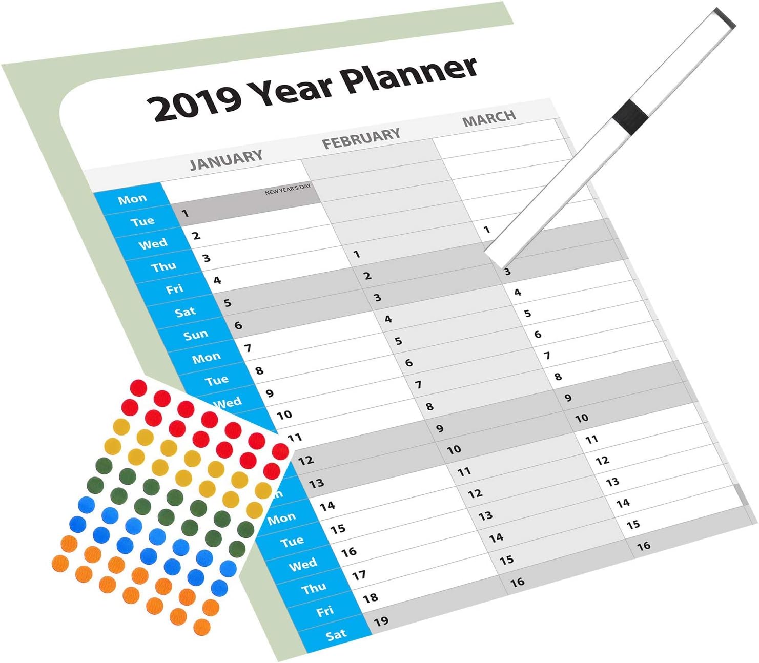 2019 Anual Wall Calendar Planners, Laminated (Blue A2 FOLDED)
