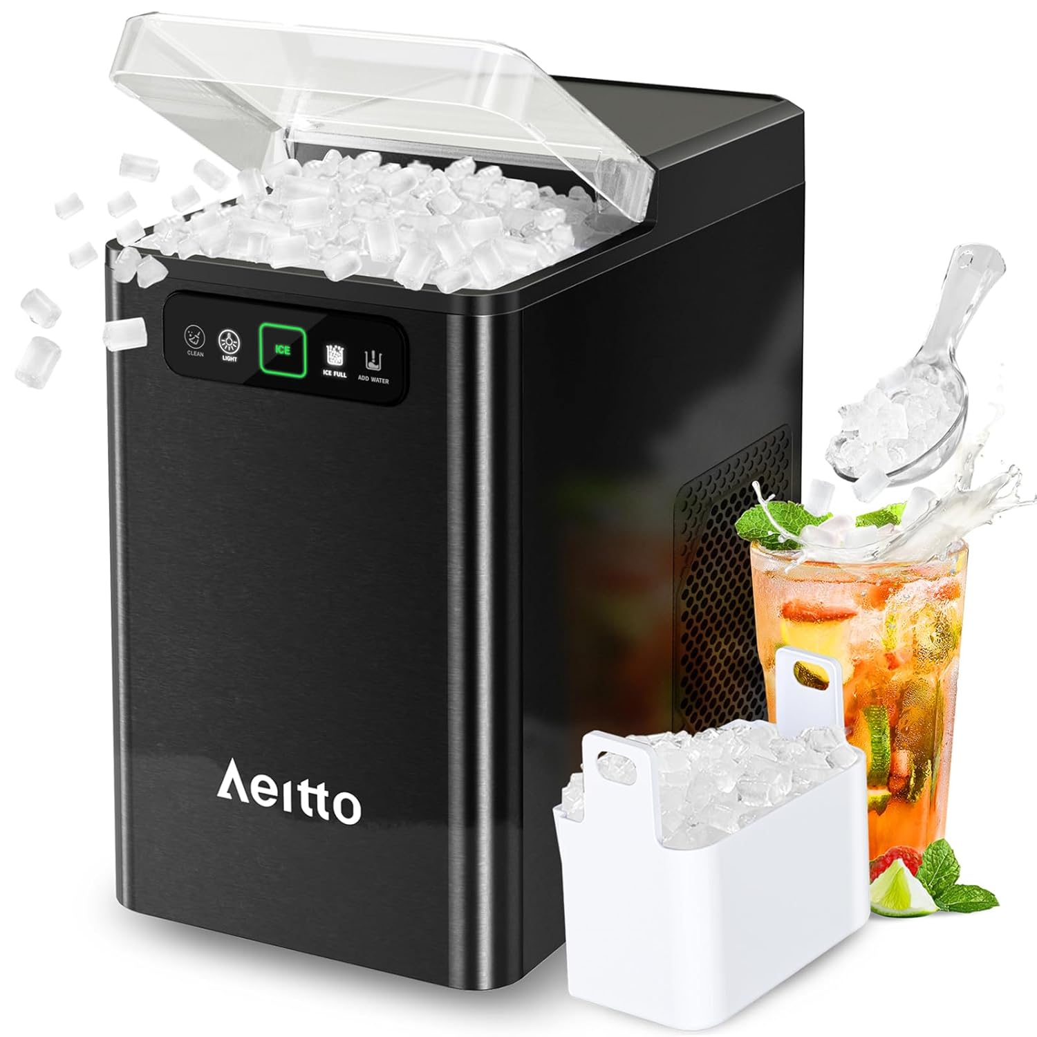 Aeitto Nugget Ice Maker Countertop, Pellet Ice Machine Soft Chewable Ice 40lbs/Day, One-Click Operation, Auto Self-Cleaning Crushed Ice Makers Stainless with Scoop for Home/Kitchen/Office (Black) Black Nugget Ice Maker