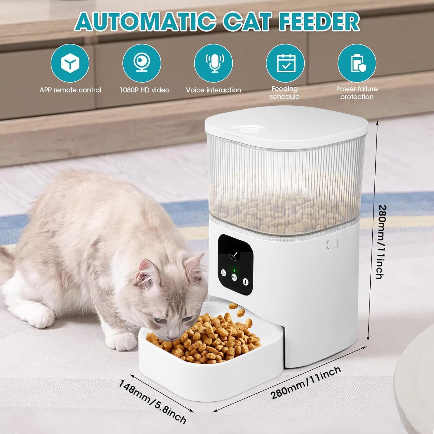 Distributeur Croquettes Chat Automatique, 3L Mangeoire Automatique pour Chat avec Caméra 1080P, 2,4 G WiFi+Bluetooth, Fonction Minuteur et Enregistrement Vocal (Blanc)