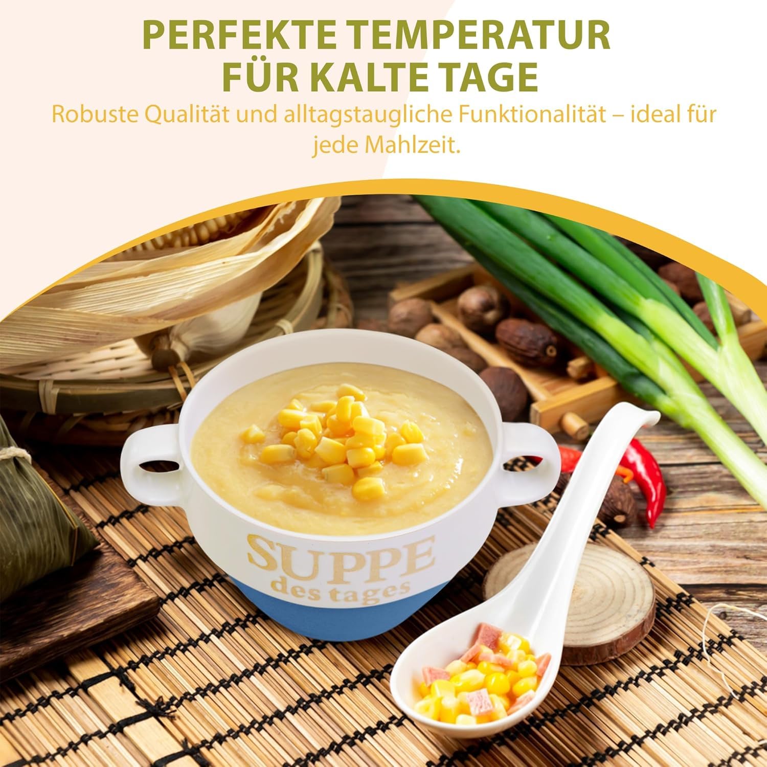 Riya 6er Set Suppentasse Blau aus Keramik Ø 13 cm mit Henkel – Hochwertige Suppenschale, Hitzebeständig und Leicht – Perfekt für Suppe, Eintöpfe & heiße Getränke – Stapelbar und Spülmaschinenfest