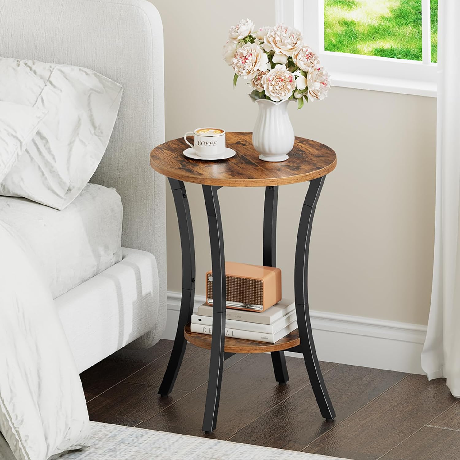 HOOBRO Round Side Table 15.7", 2-Tier Sofa End Table, Small Storage Nightstand, for Small Spaces, Living Room Bedroom Accent Table, Rustic Brown and Black BF180BZ01