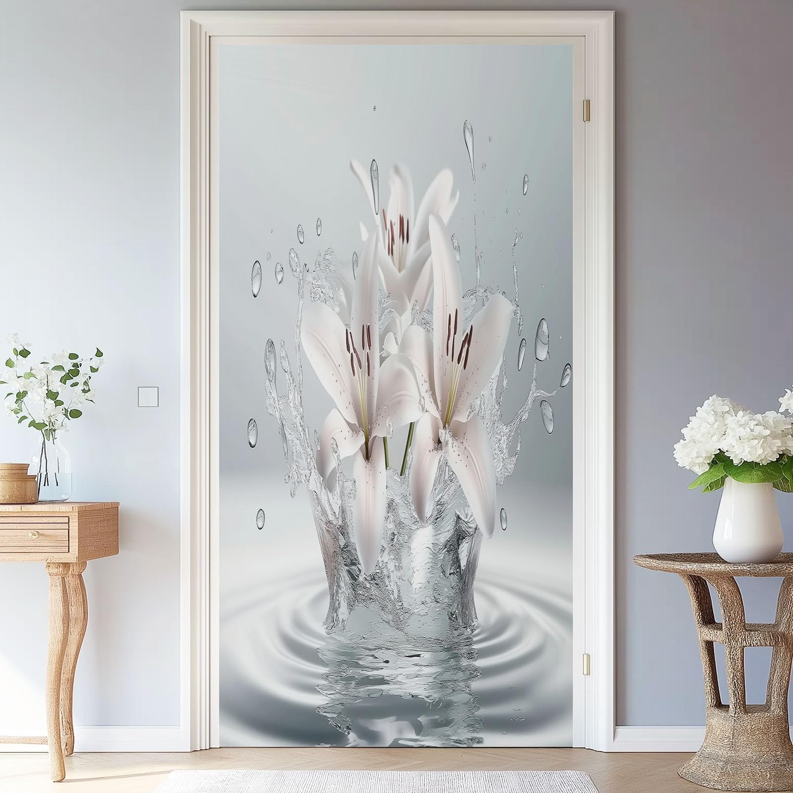Adesivo Per Porte 3D Per Porte Interne, 80 x 210 cm 3D Piante Giglio Gocce D'Acqua Fotomurali Autoadesivi Impermeabile Porta In PVC, Carta Da Parati Soggiorno Cucina Camerette, Bianco Grigio