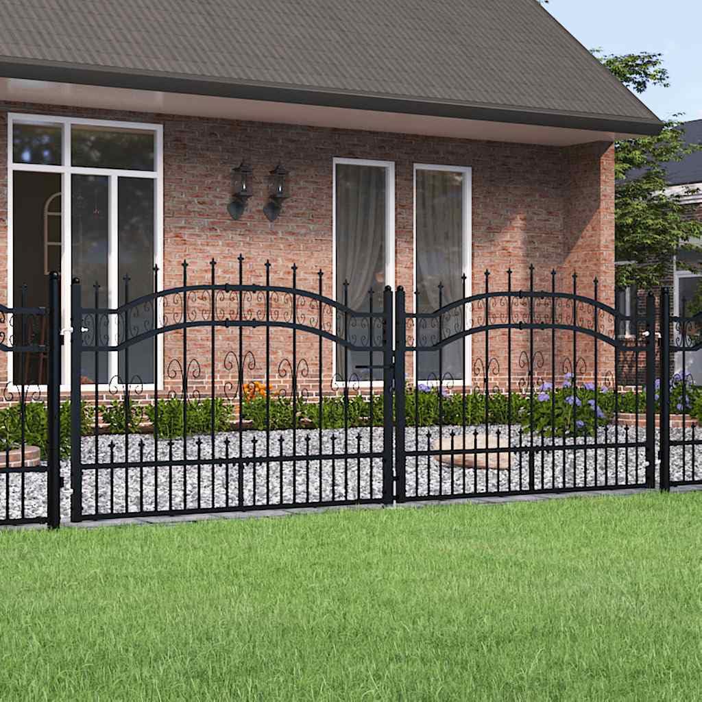 Puerta de jardín con punta de lanza, acero recubierto de polvo negro, 302 x 150 cm, puerta de patio, puerta de valla, entrada, parcela, seguridad, terraza, acceso