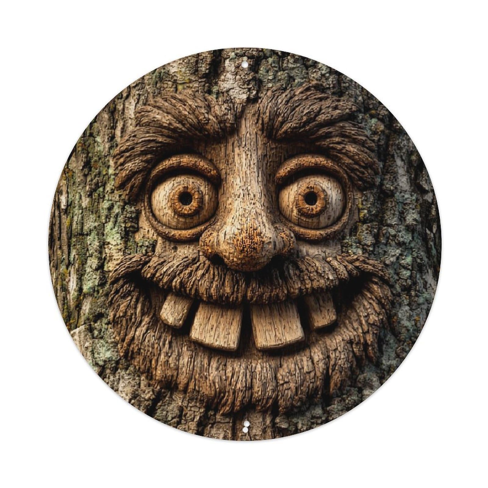 Tree Face Carved Wood Pattern Round Metal Tin Sign Vintage Wall Decor, Bar Garage Cafe Kitchen Home Wall Art Poster 8x8inches