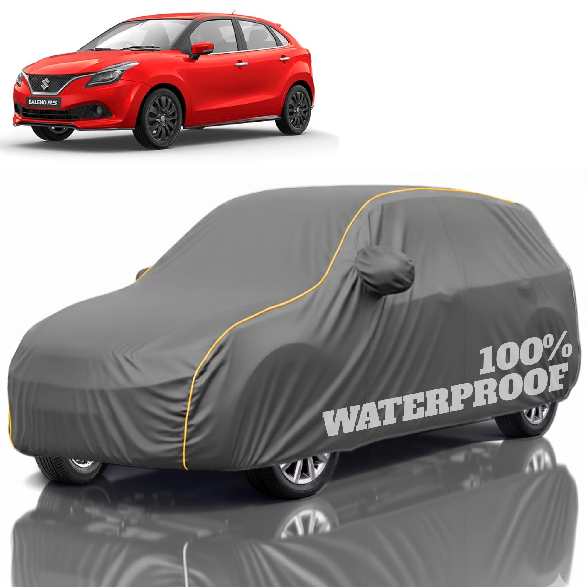 Premium Polyester Car Cover Baleno All-Weather Protection from Rain, Dust &amp; Sun | UV Resistant Fabric | Full Body Secure Fit for Outdoor &amp; Indoor Parking Grey