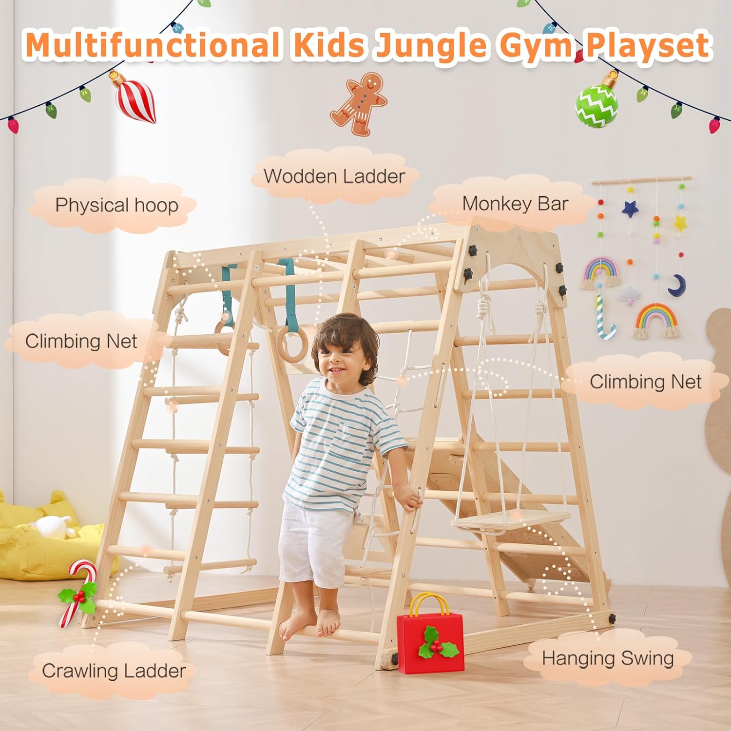 12-in-1 Toddler Playground - Foldable Kids Climbing Set with Slide, Rock/Net, Monkey Bars, Drawing Board, Swing and Pickler Set