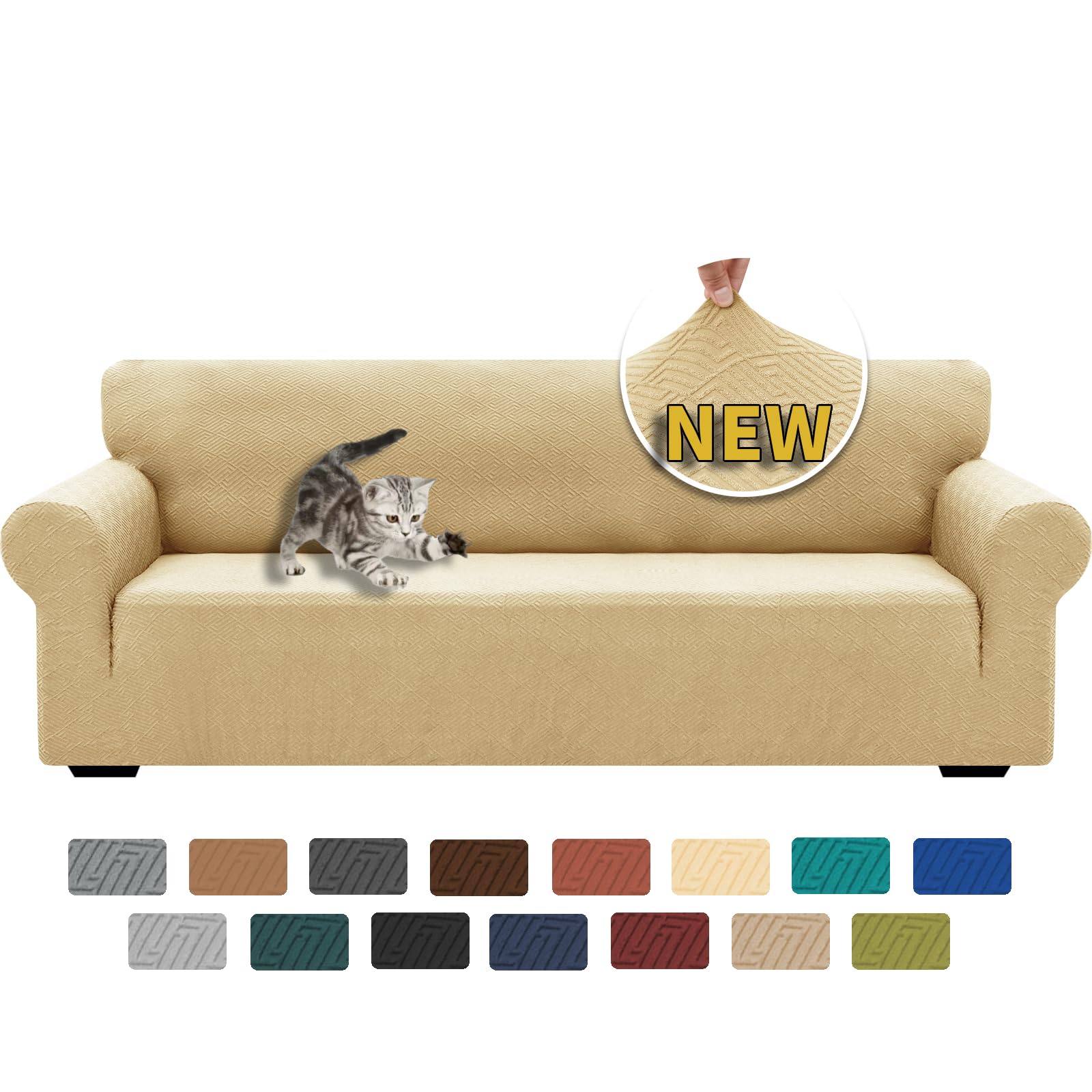 XINEAGE High Stretch Sofa Covers 4 Seater Latest Jacquard Extra Large Couch Covers for Dogs Pet 1 Piece Sofa Slipcovers Living Room Non Slip Couch Furniture Protector Washable (4 Seater, Beige)