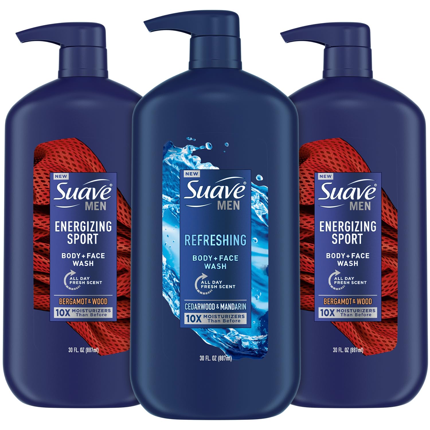 Suave Men Body Face Wash Bundle Energizing Sport Beragmot Wood 2-Pack Refreshing Cedarwood Mandarin 30 Oz Ea