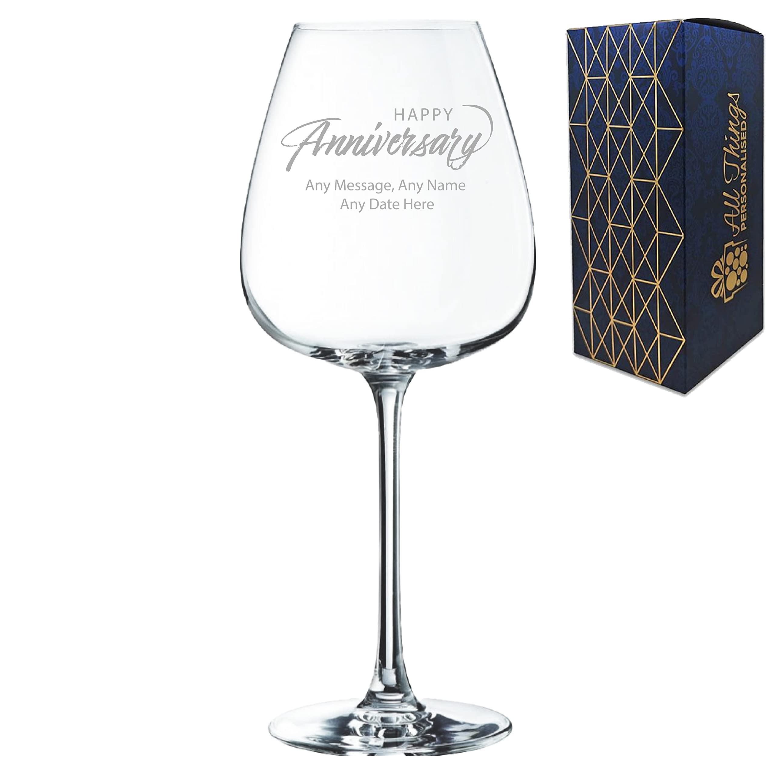 Personalised Engraved Happy Anniversary Wine Glass, Any Message, Any Date, 12oz/354ml Modern Cepages Wine Glass, Script Design, Laser Engraved in The UK