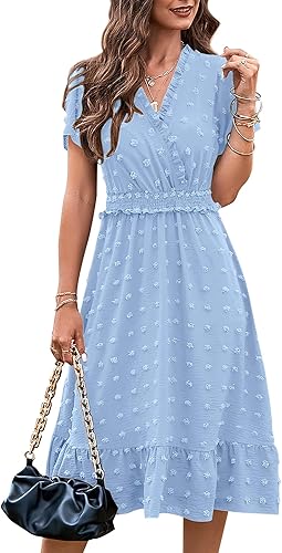 BTFBM Vestidos de verano de manga corta con cuello en V y lunares suizos para mujer, vestidos largos con volantes, estilo bohemio, vestido de