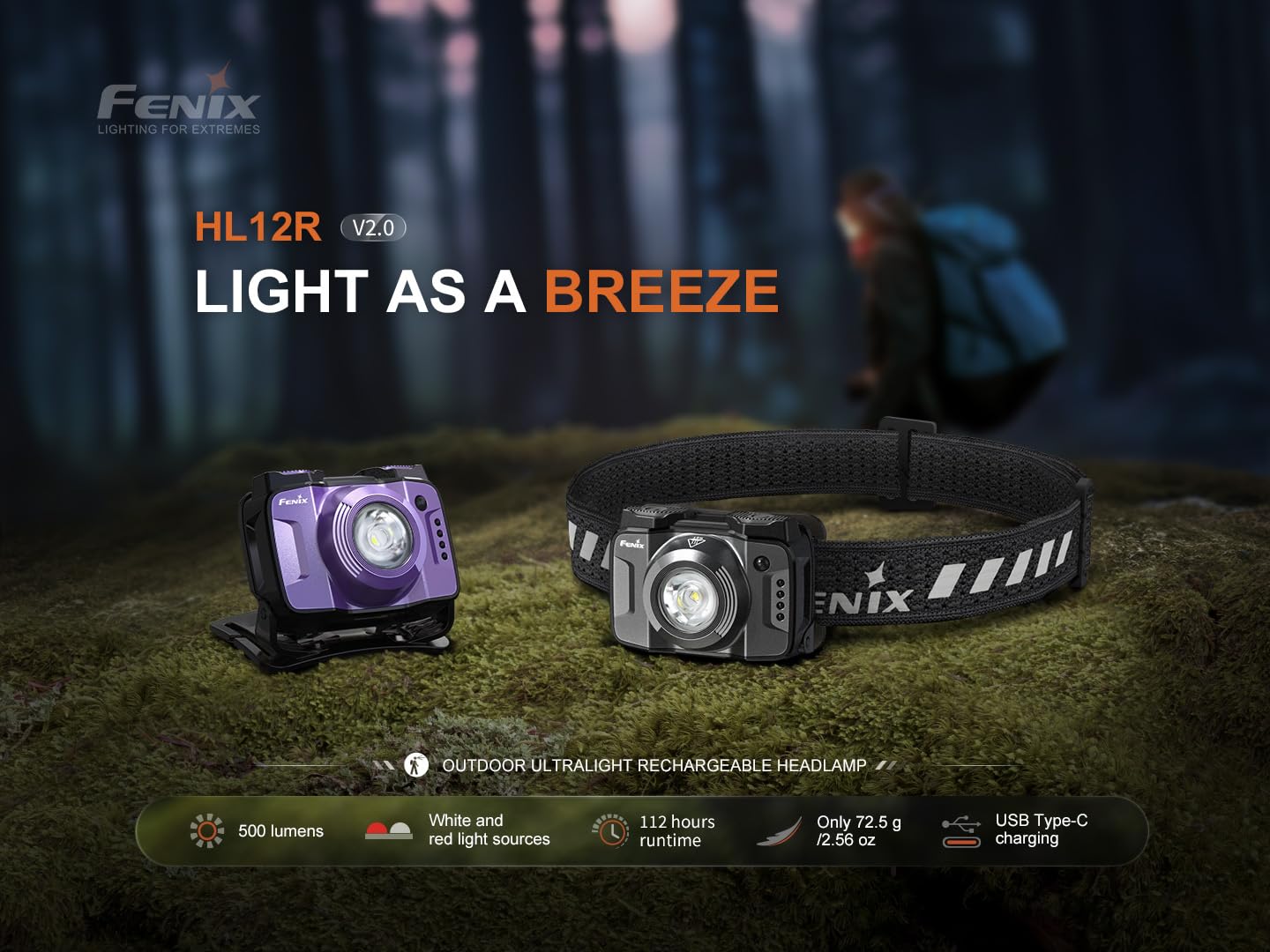 Fenix HL12R Lampe frontale d'extérieur rechargeable V2.0 Violet | 500 lumens | 125 m | 112 h max | 500 lumens | Spot blanc avec faisceau rouge secondaire de 1 Lumen | IP66