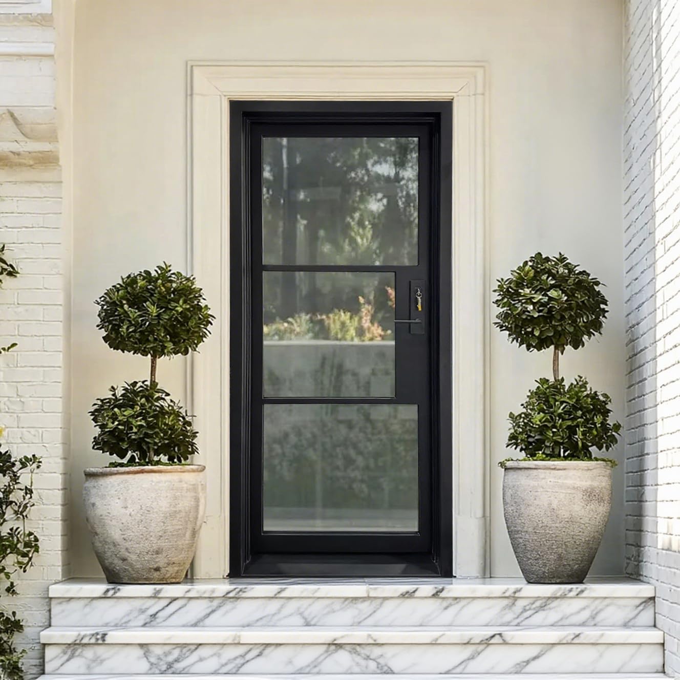 CHETTO C 36" X81" Prehung Door Wrought Iron Single Door Left Side Activation 3-Lite Clear Glass (Matte Black)