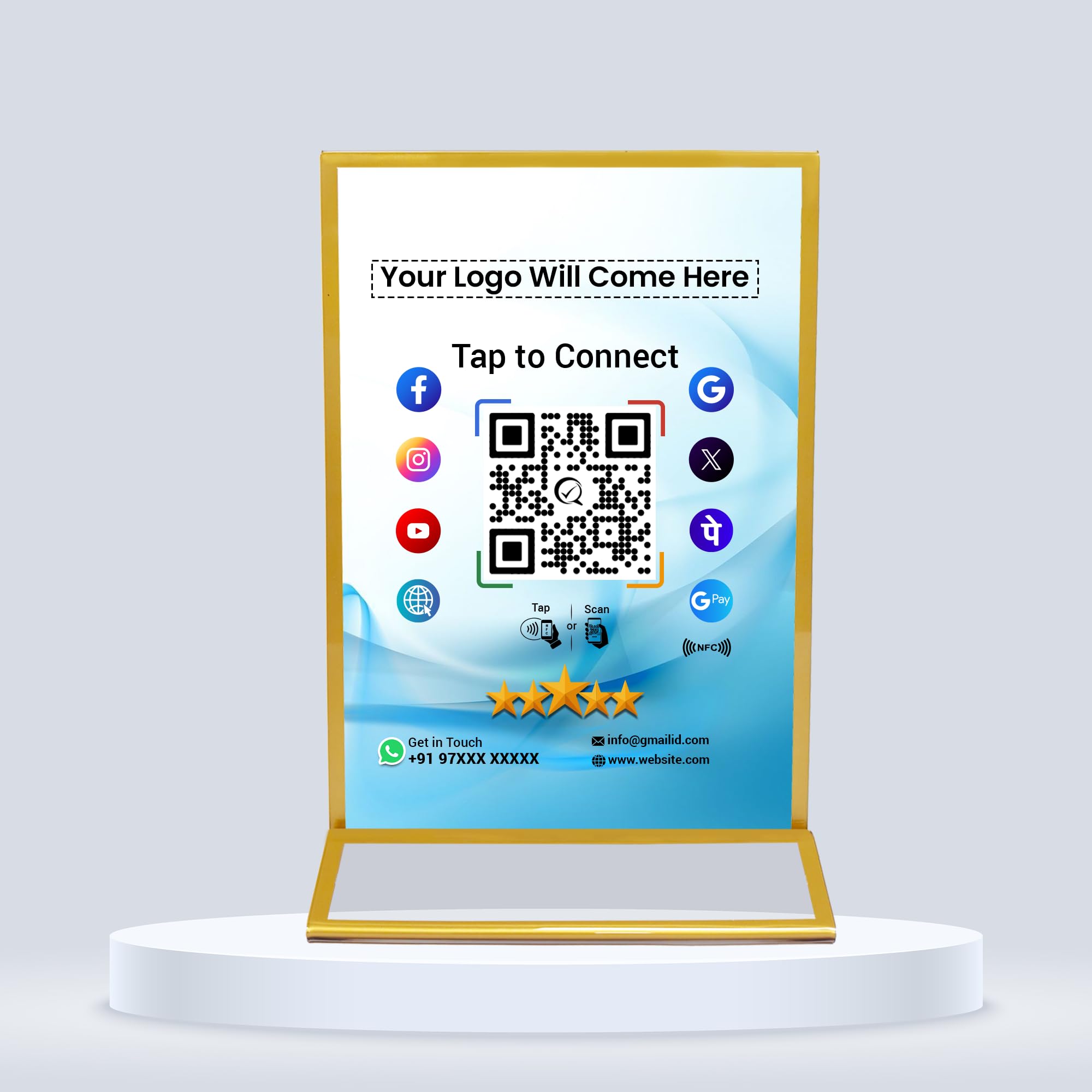 QUAAPPS All-in-One Customized QR Code Scanner Stand | Google Review, Social Media & Payment Links with NFC Tap Functionality | Personalized Display Stand for Restaurant, Salon & Clinic | 9×6 Inch
