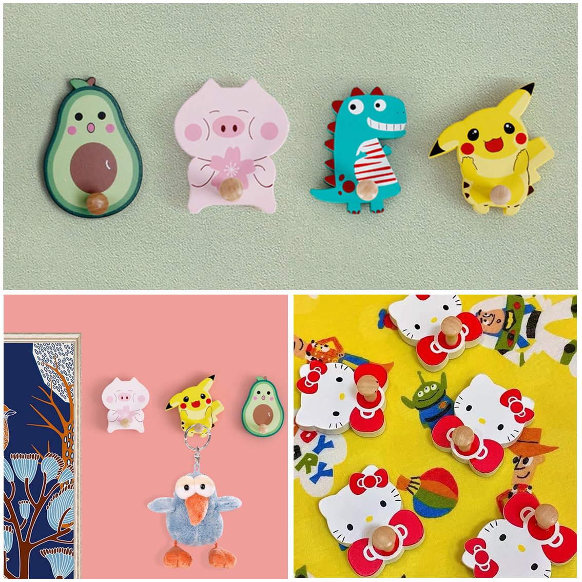 6 Ganci Autoadesivi Per Bambini YunBey - Design Animaletti, Legno Naturale, Portata 2.5kg - Foto 4