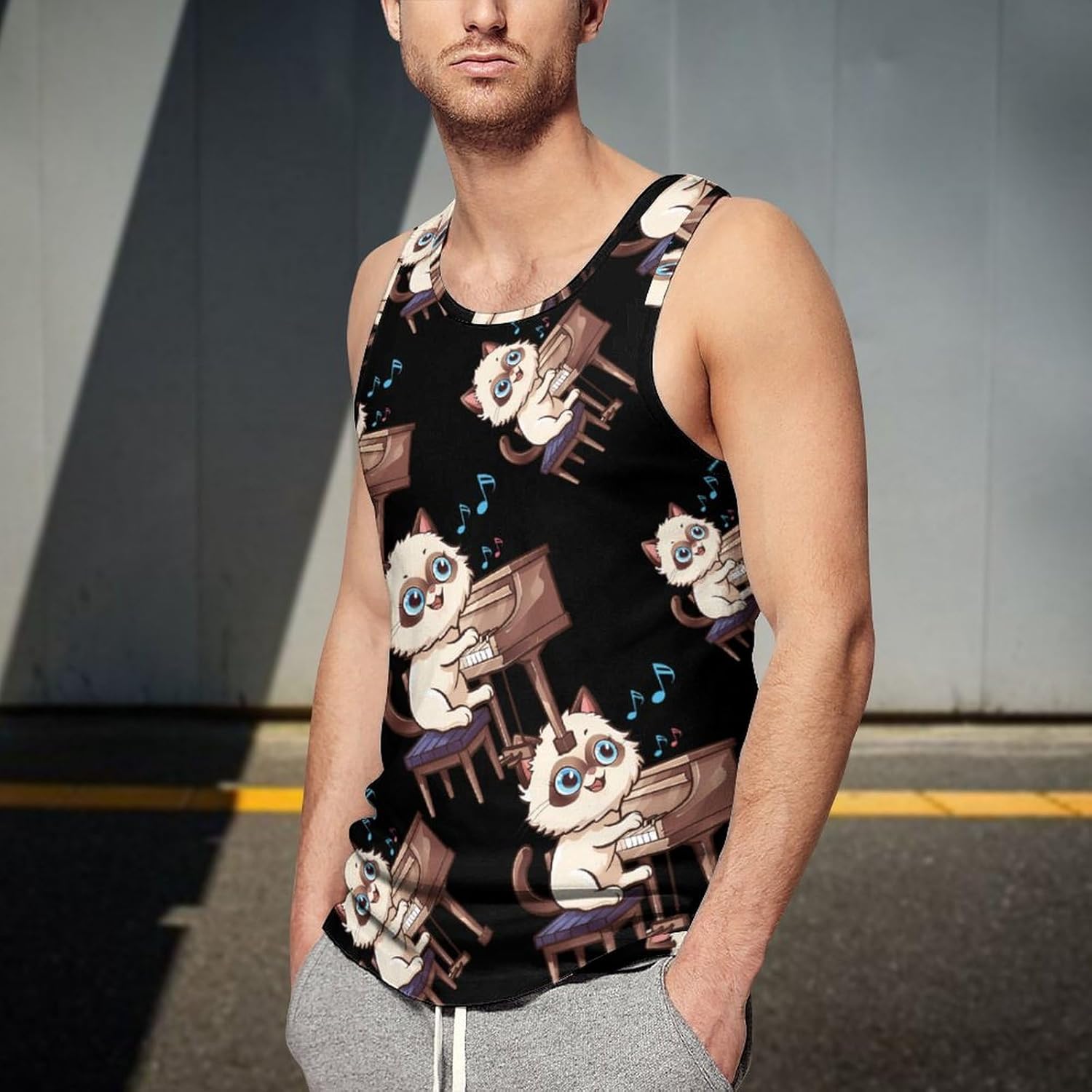 Piano Cat Men's Tank Top Sleeveless Muscle Shirts Vest Beach T Shirts for Workout Gym